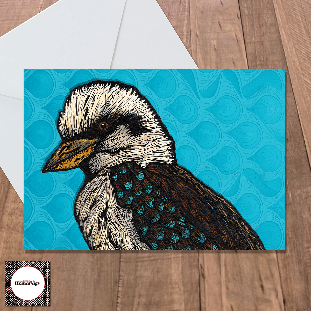 Blue-Winged Kookaburra Blue Background Greeting Card + Envelope