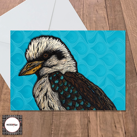 Blue-Winged Kookaburra Blue Background Greeting Card + Envelope