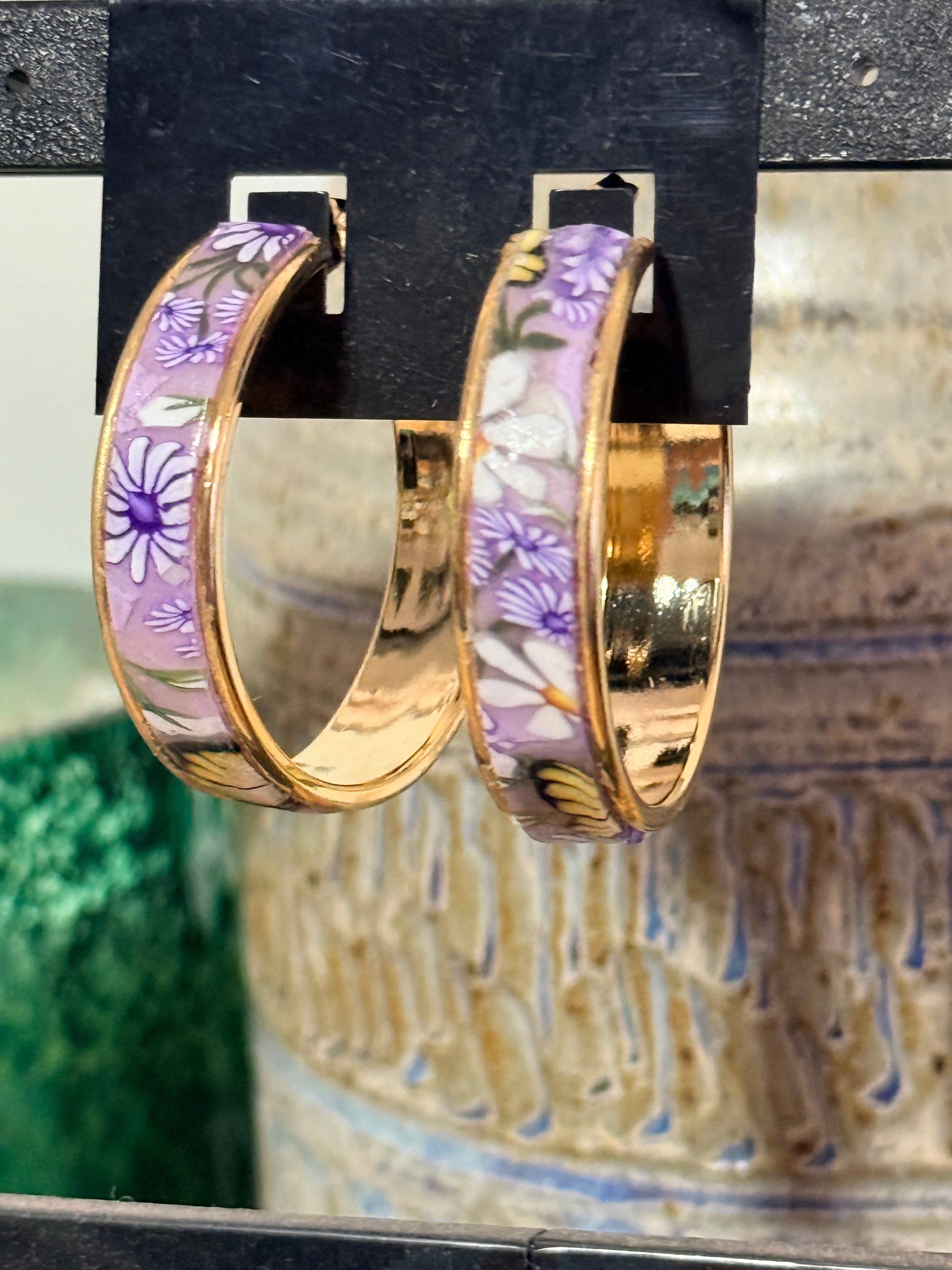 Springtime Polymer Clay Flowers On Gold Plated Hoop Earrings.