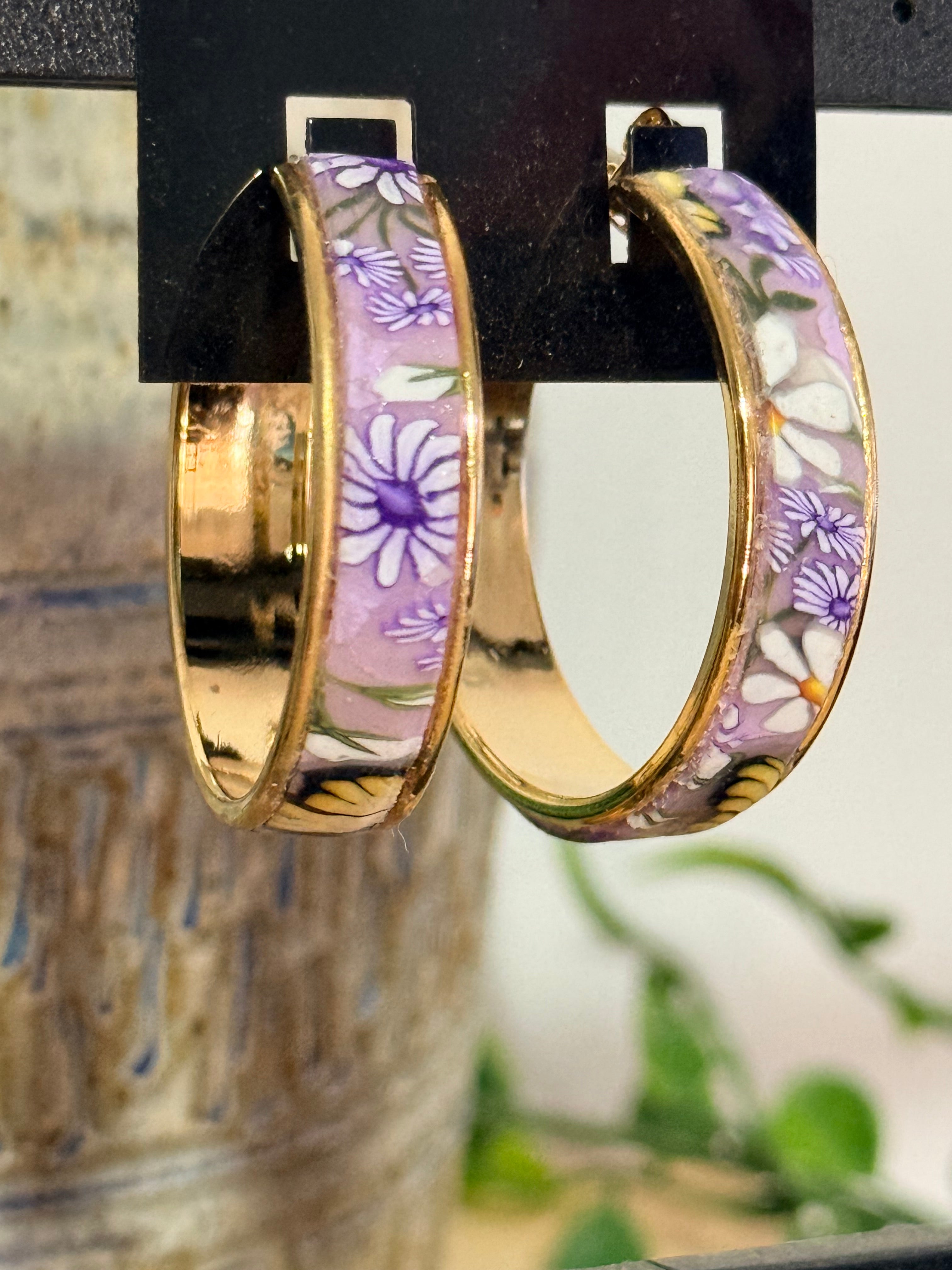 Springtime Polymer Clay Flowers On Gold Plated Hoop Earrings.