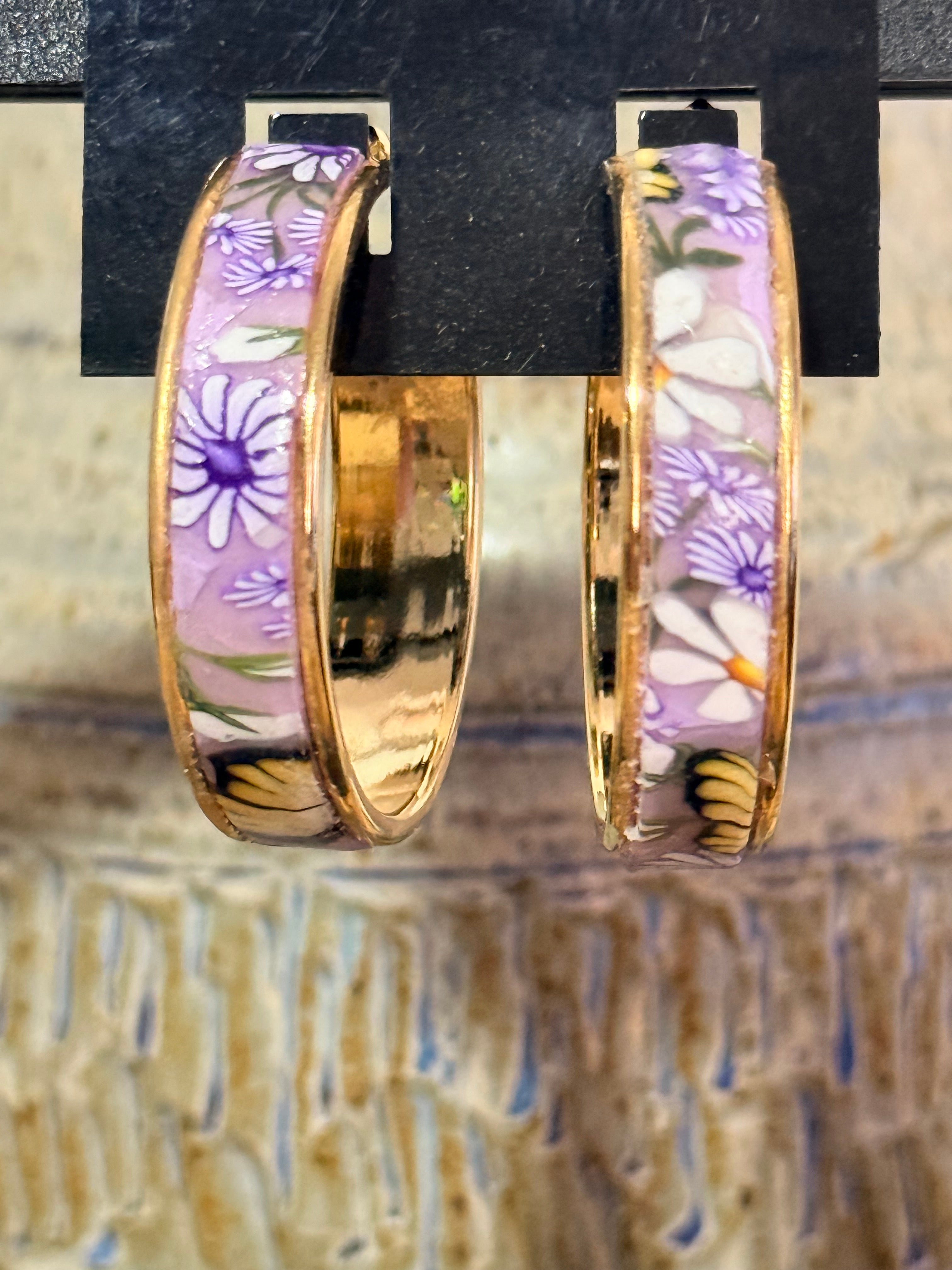Springtime Polymer Clay Flowers On Gold Plated Hoop Earrings.