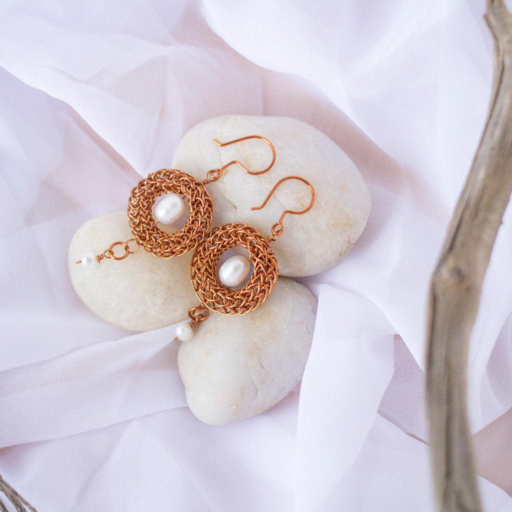 Copper Viking Wire Knit Earrings with Freshwater Pearls