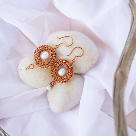 Copper Viking Wire Knit Earrings with Freshwater Pearls