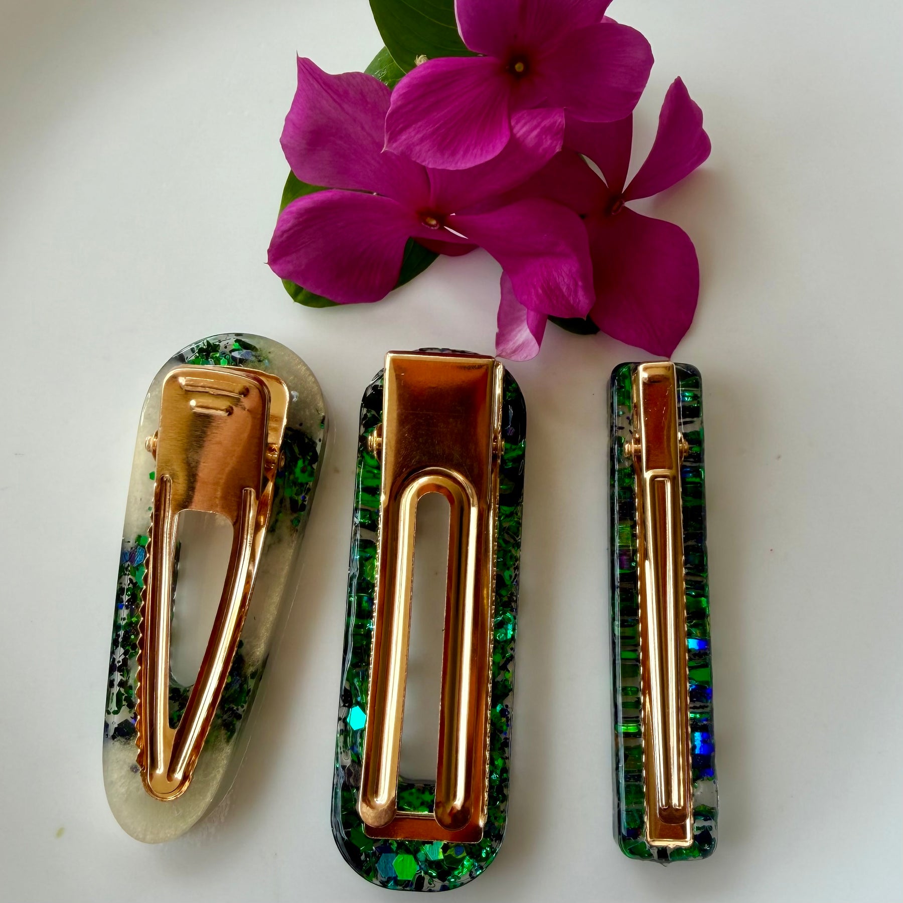 Sparkly set Of Three  Green Barrettes