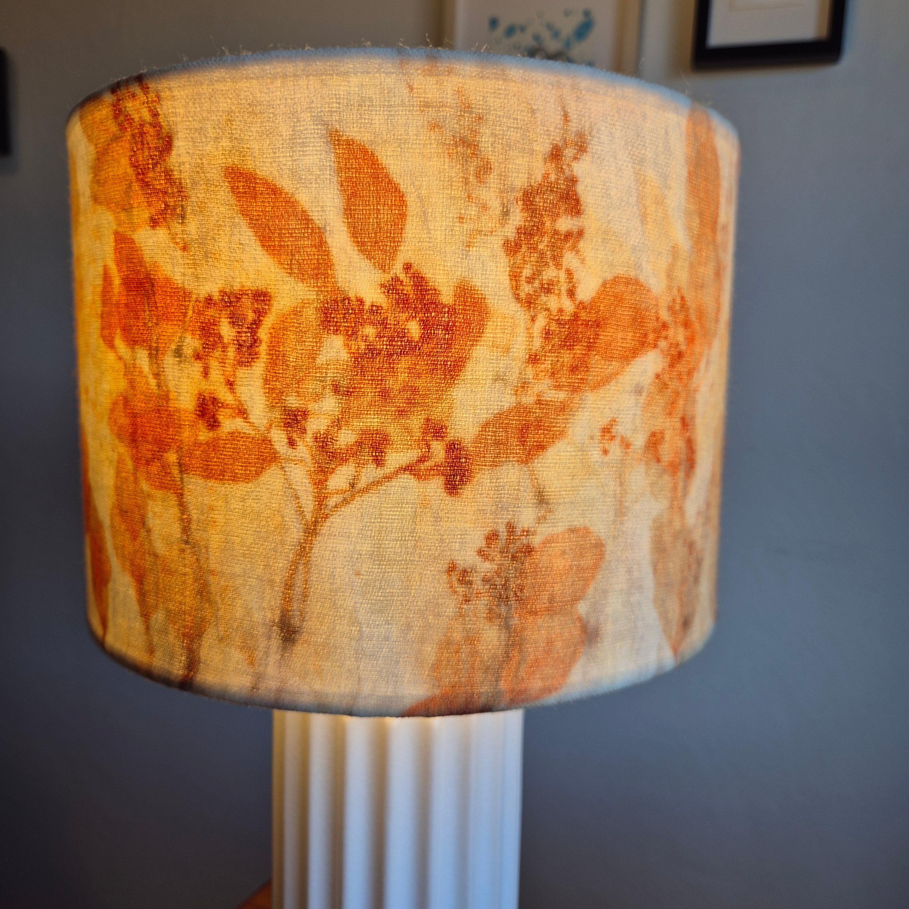 Lampshade large vibrant ecoprinted eucalyptus and gumnuts
