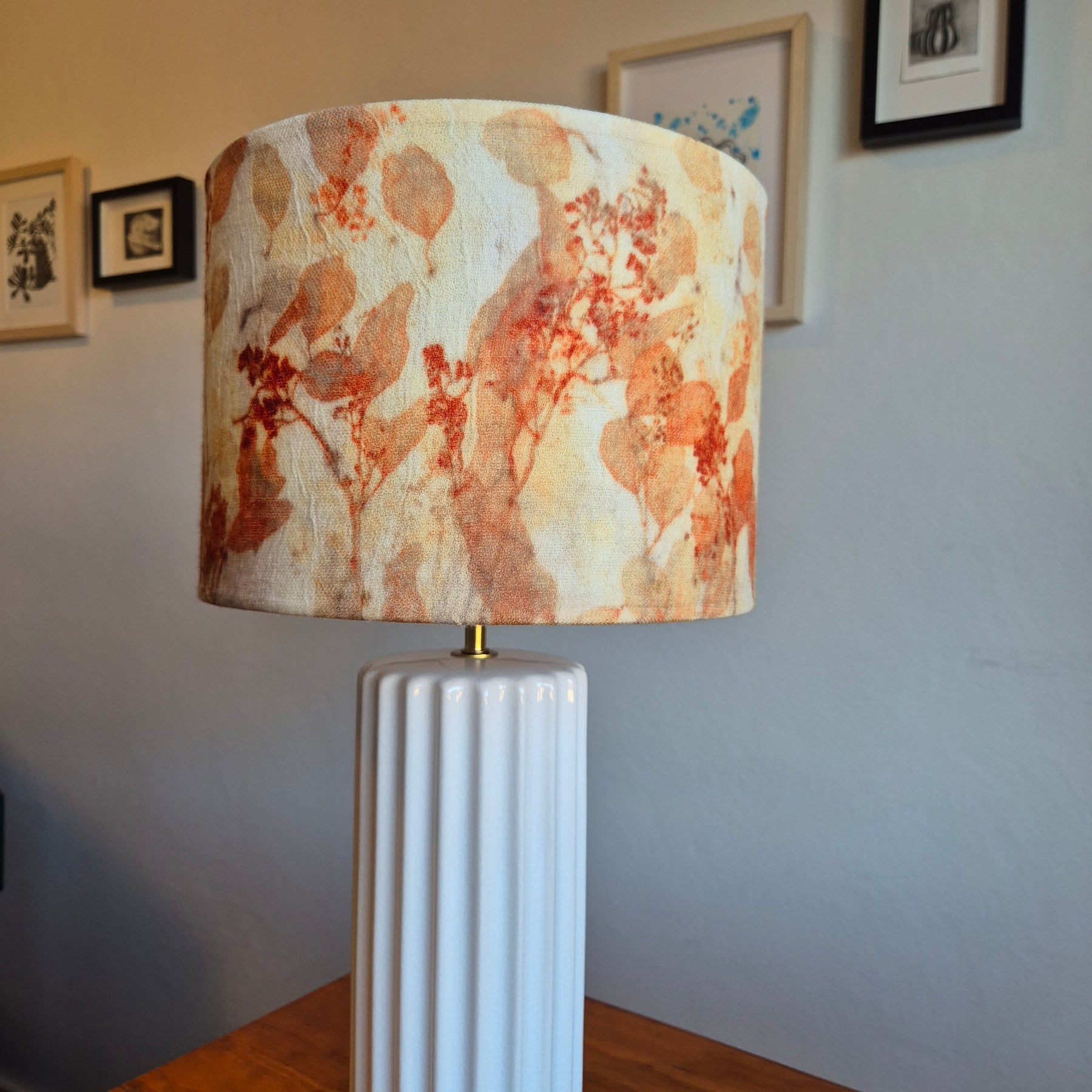 Lampshade large vibrant ecoprinted eucalyptus and gumnuts
