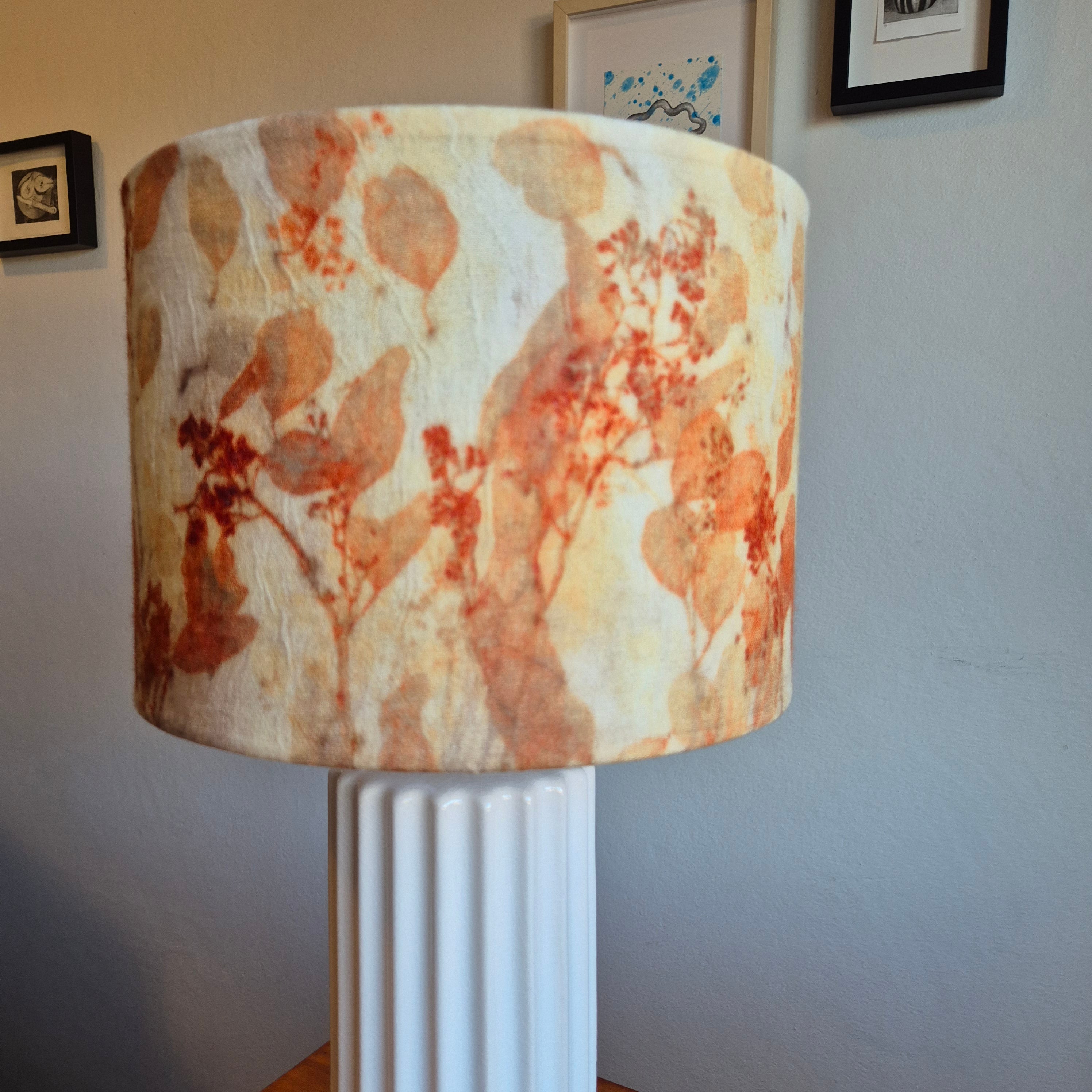 Lampshade large vibrant ecoprinted eucalyptus and gumnuts