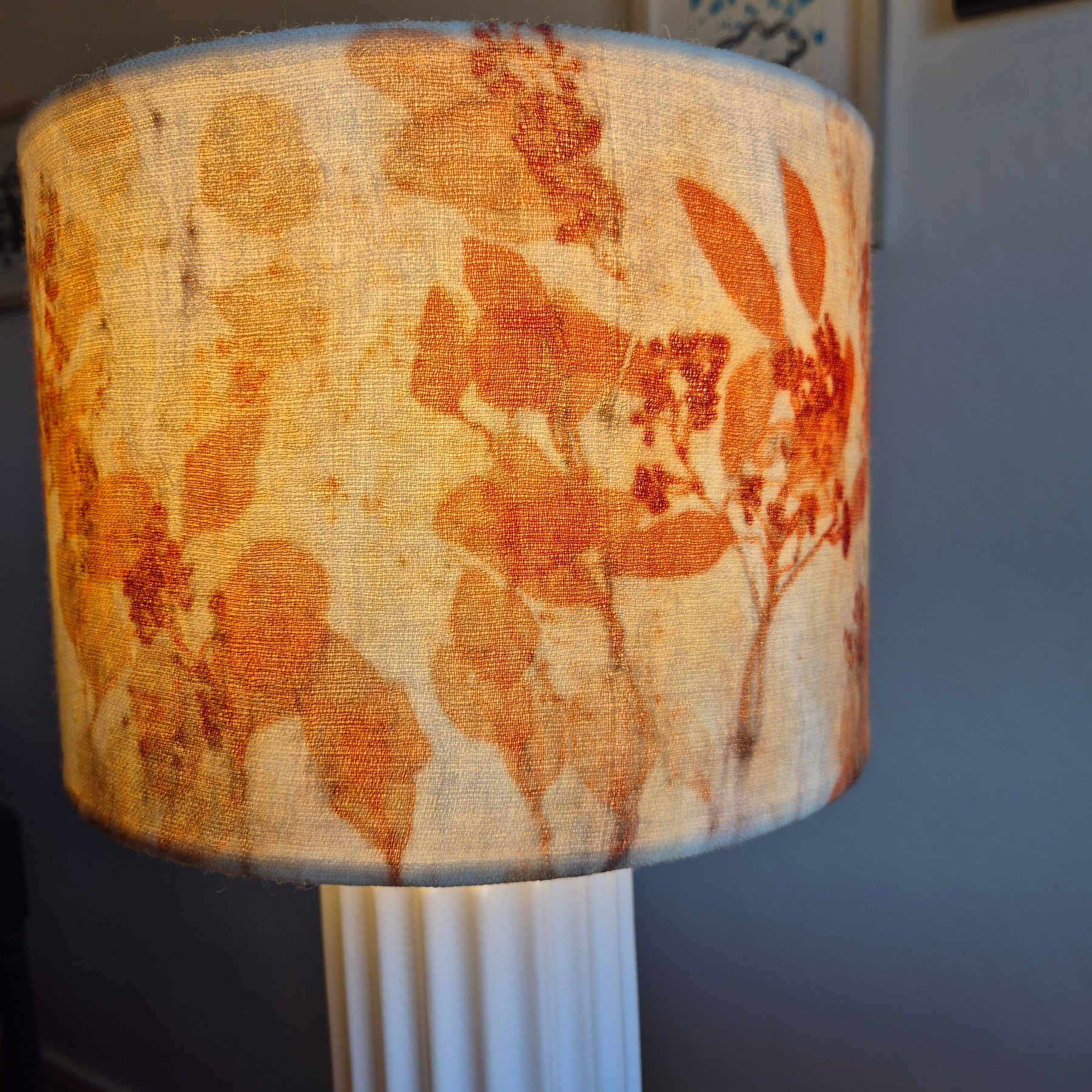Lampshade large vibrant ecoprinted eucalyptus and gumnuts