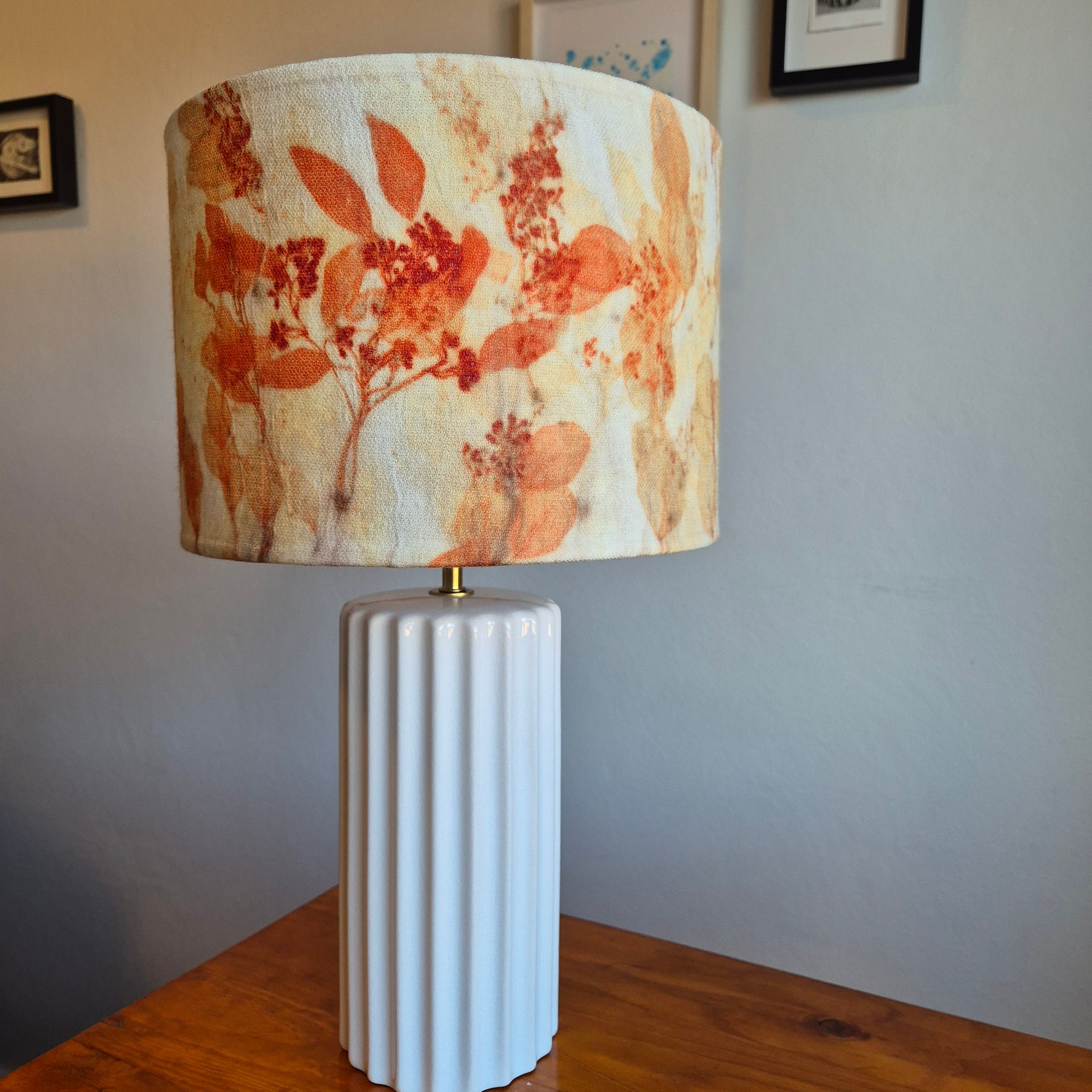 Lampshade large vibrant ecoprinted eucalyptus and gumnuts