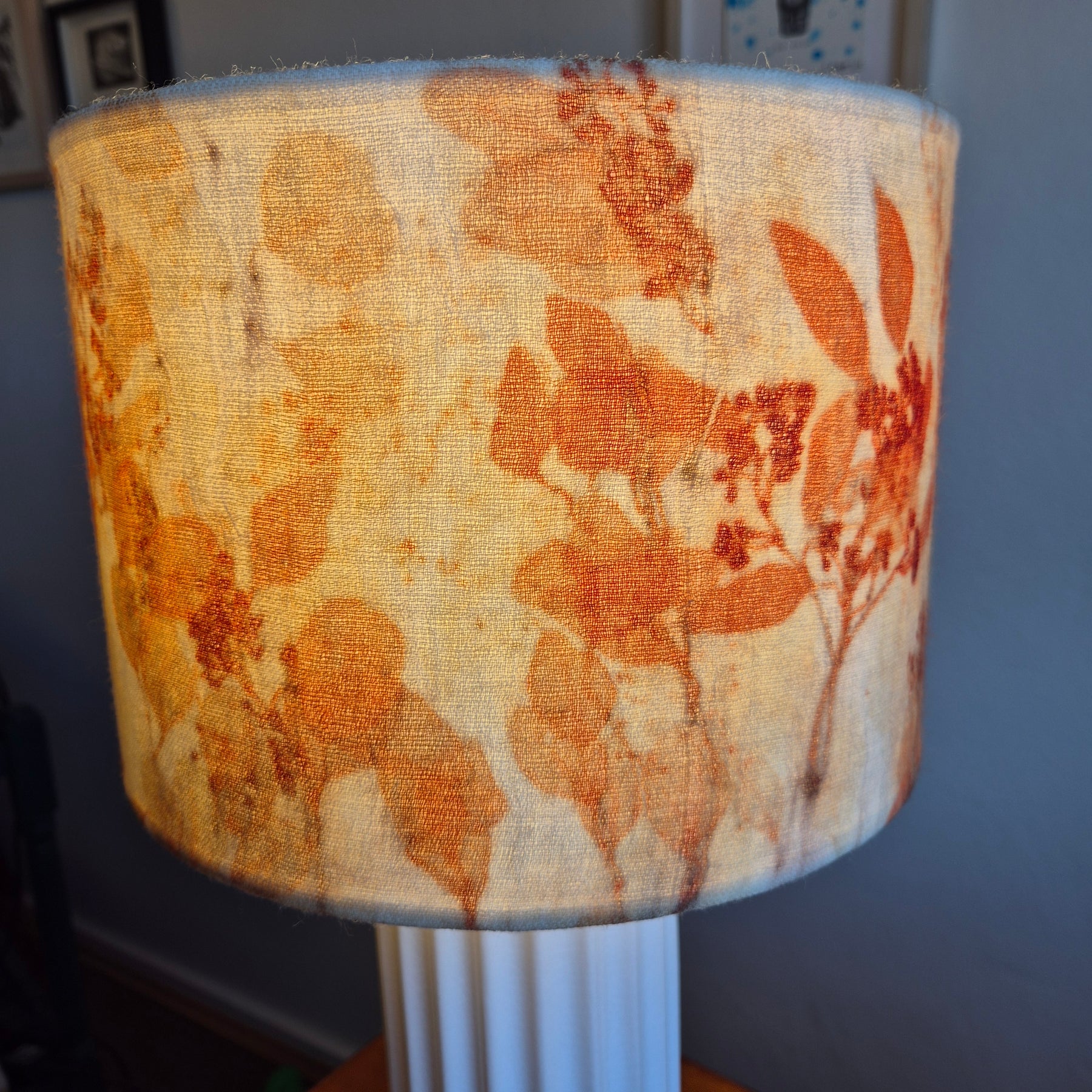 Lampshade large vibrant ecoprinted eucalyptus and gumnuts