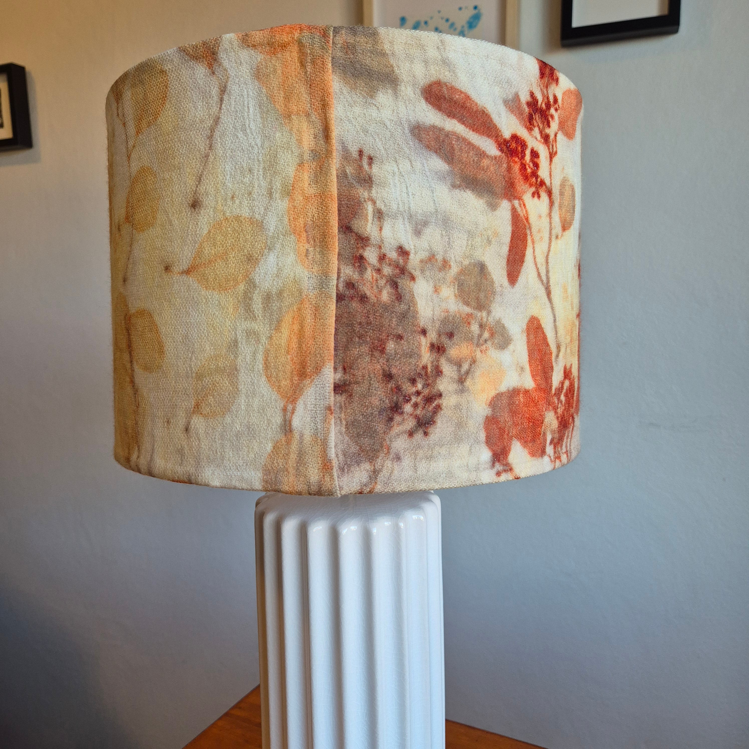 Lampshade large vibrant ecoprinted eucalyptus and gumnuts