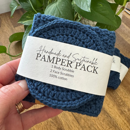 Handmade Pamper Pack | Crochet Body & Face Scrubbie set | Deep Ocean Blue