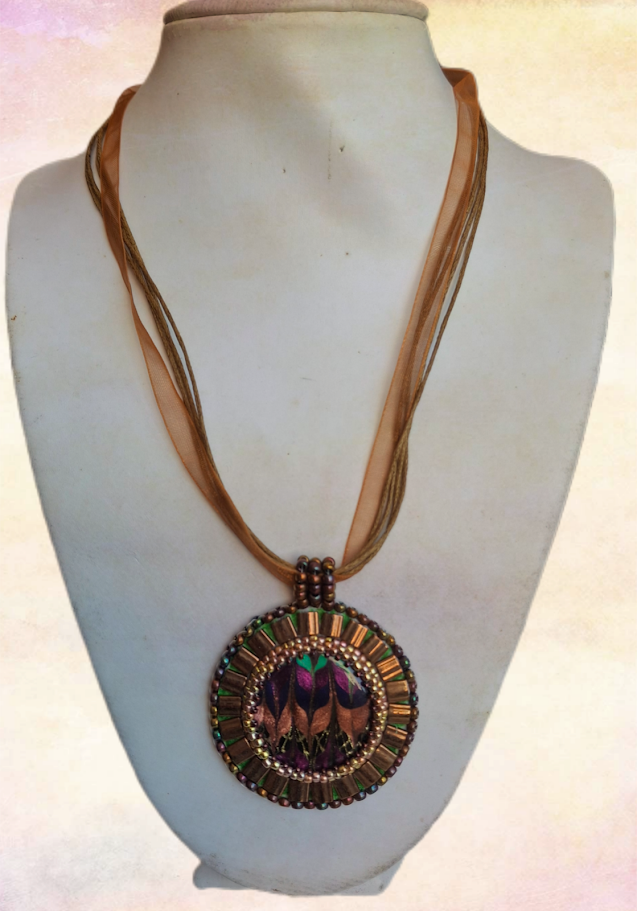Bead embroidered, alcohol ink pendant