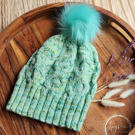 Handknit Green Beanie with removable pompom