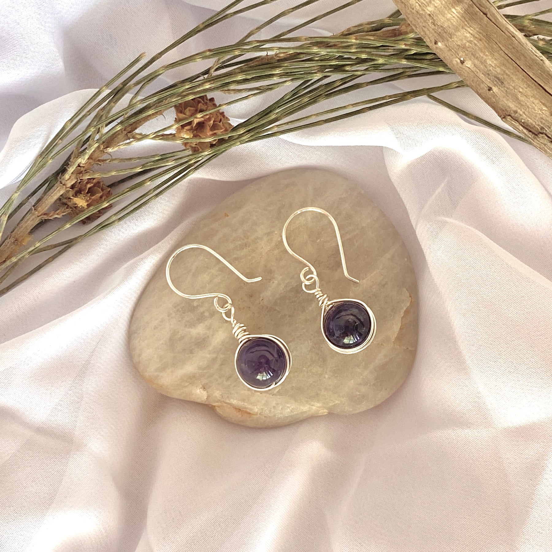 Amethyst Gemstone Silver Earrings | Wire Wrap Jewellery