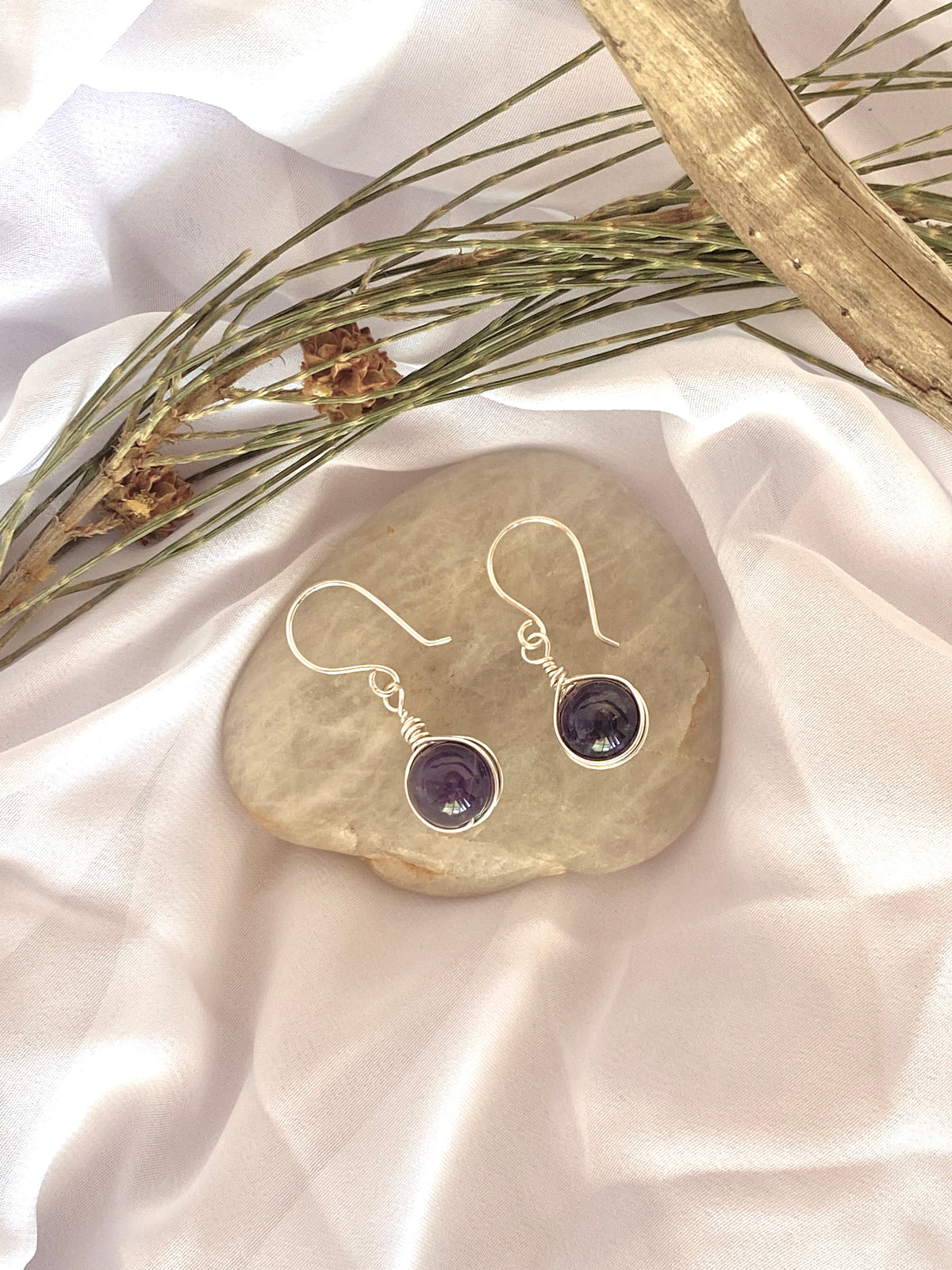 Amethyst Gemstone Silver Earrings | Wire Wrap Jewellery