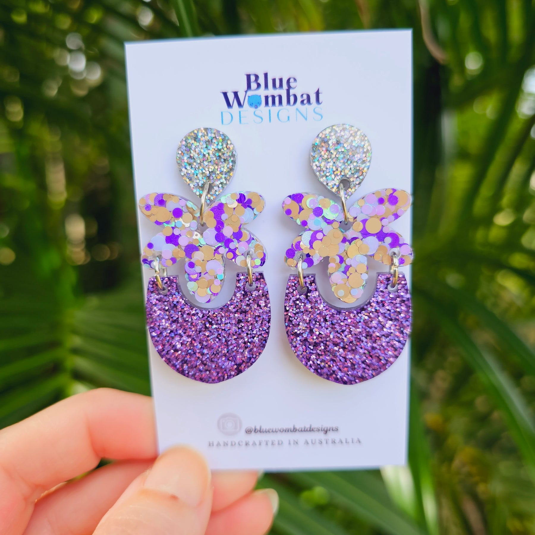 Handmade Purple Glitter Resin Statement Dangle Earrings
