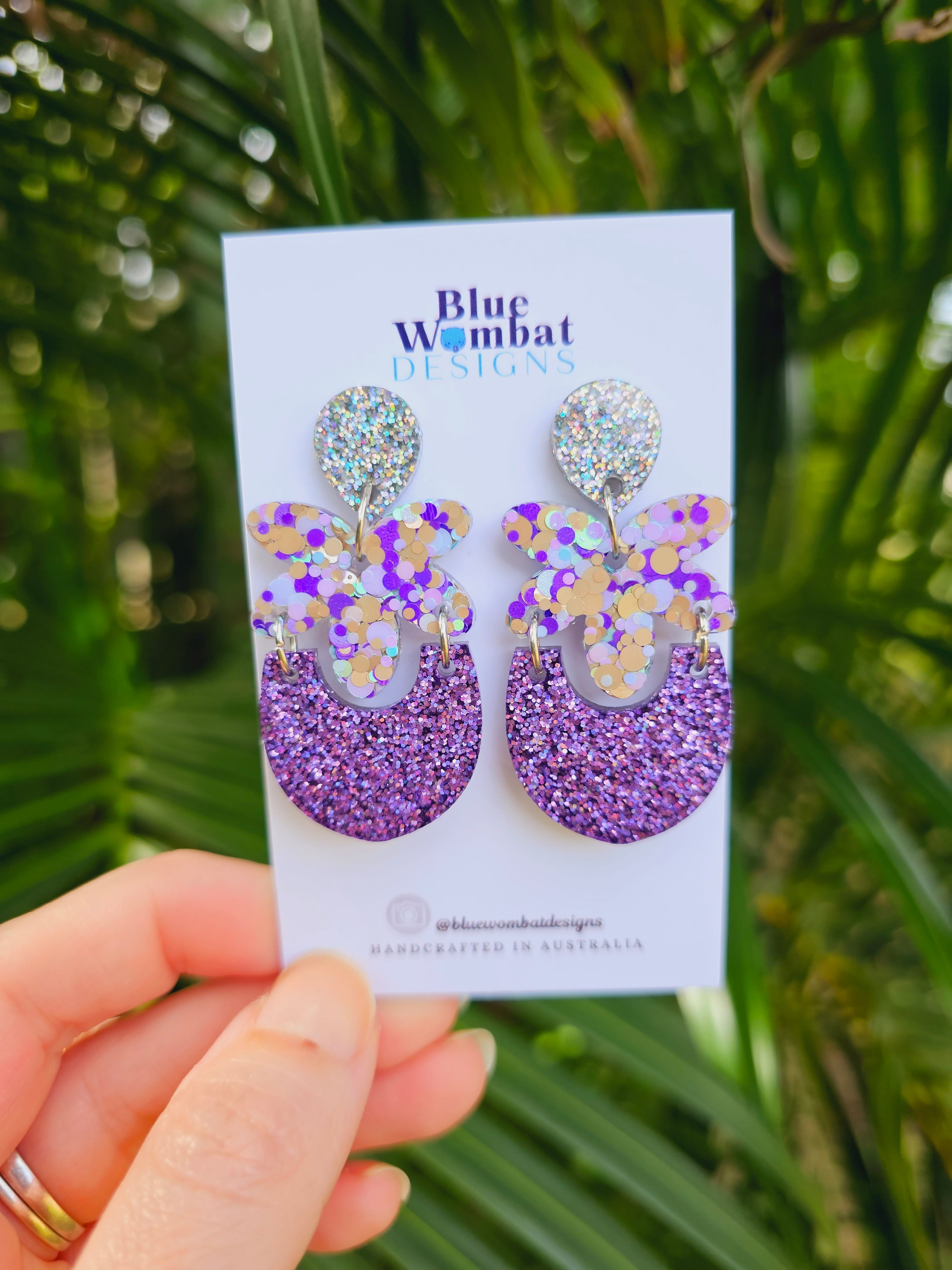 Handmade Purple Glitter Resin Statement Dangle Earrings