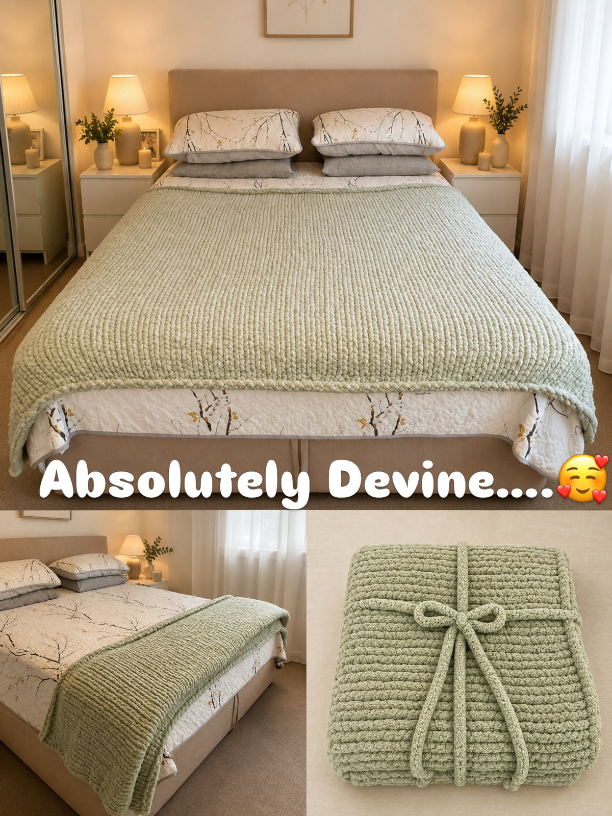 Handmade Sage Green Chunky Bed Queen Blanket