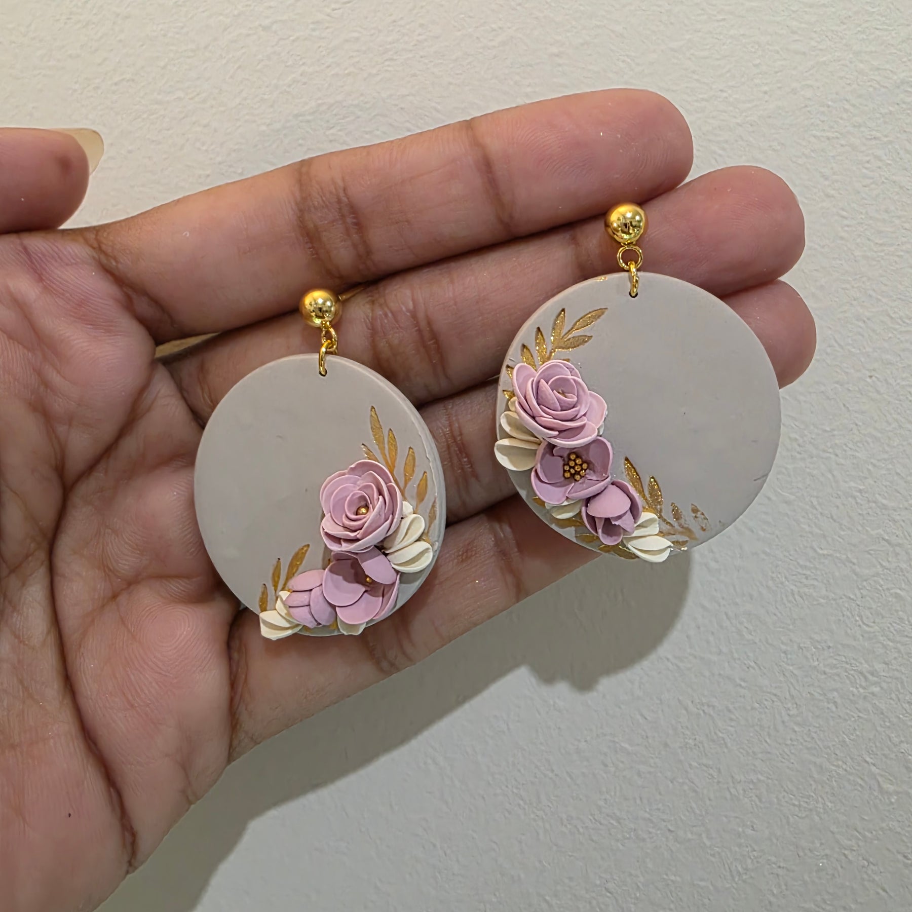 Blush Pink Floral Polymer Clay Earrings | Handmade Flower Earrings | Lightweight Gold & Pearl Statement Earrings | Bridal Jewellery | Gift for Her