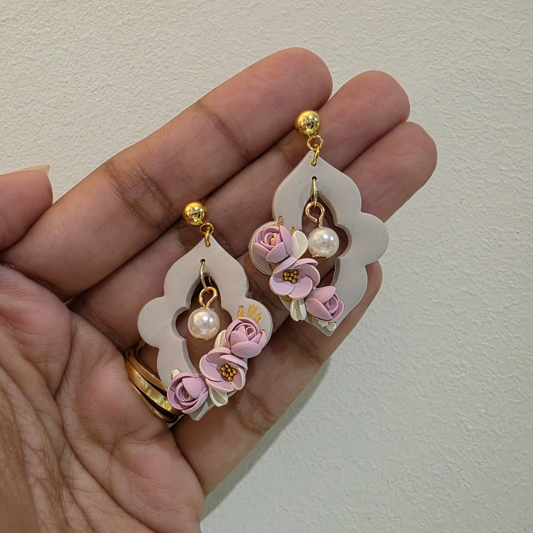 Blush Pink Floral Polymer Clay Earrings | Handmade Flower Earrings | Lightweight Gold & Pearl Statement Earrings | Bridal Jewellery | Gift for Her