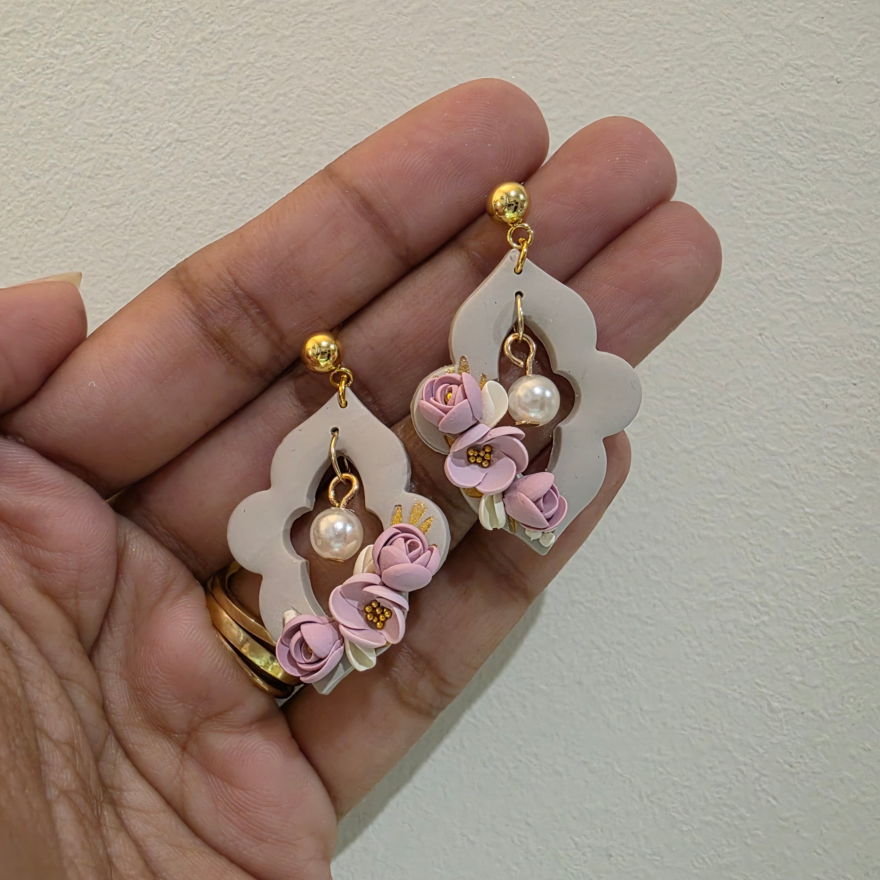 Blush Pink Floral Polymer Clay Earrings | Handmade Flower Earrings | Lightweight Gold & Pearl Statement Earrings | Bridal Jewellery | Gift for Her