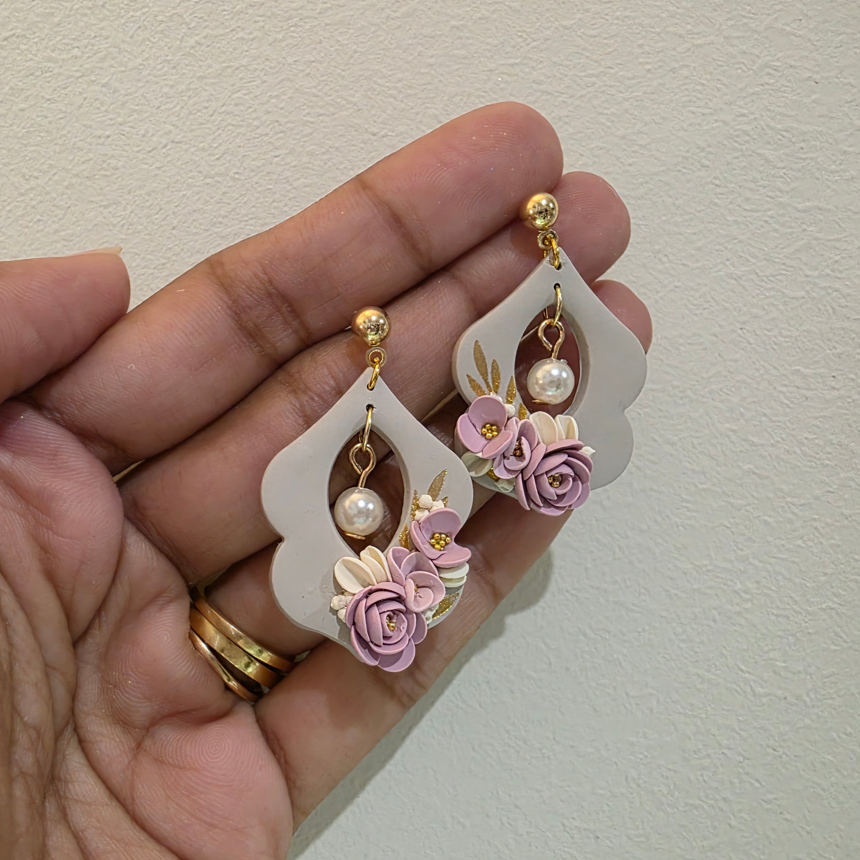 Blush Pink Floral Polymer Clay Earrings | Handmade Flower Earrings | Lightweight Gold & Pearl Statement Earrings | Bridal Jewellery | Gift for Her