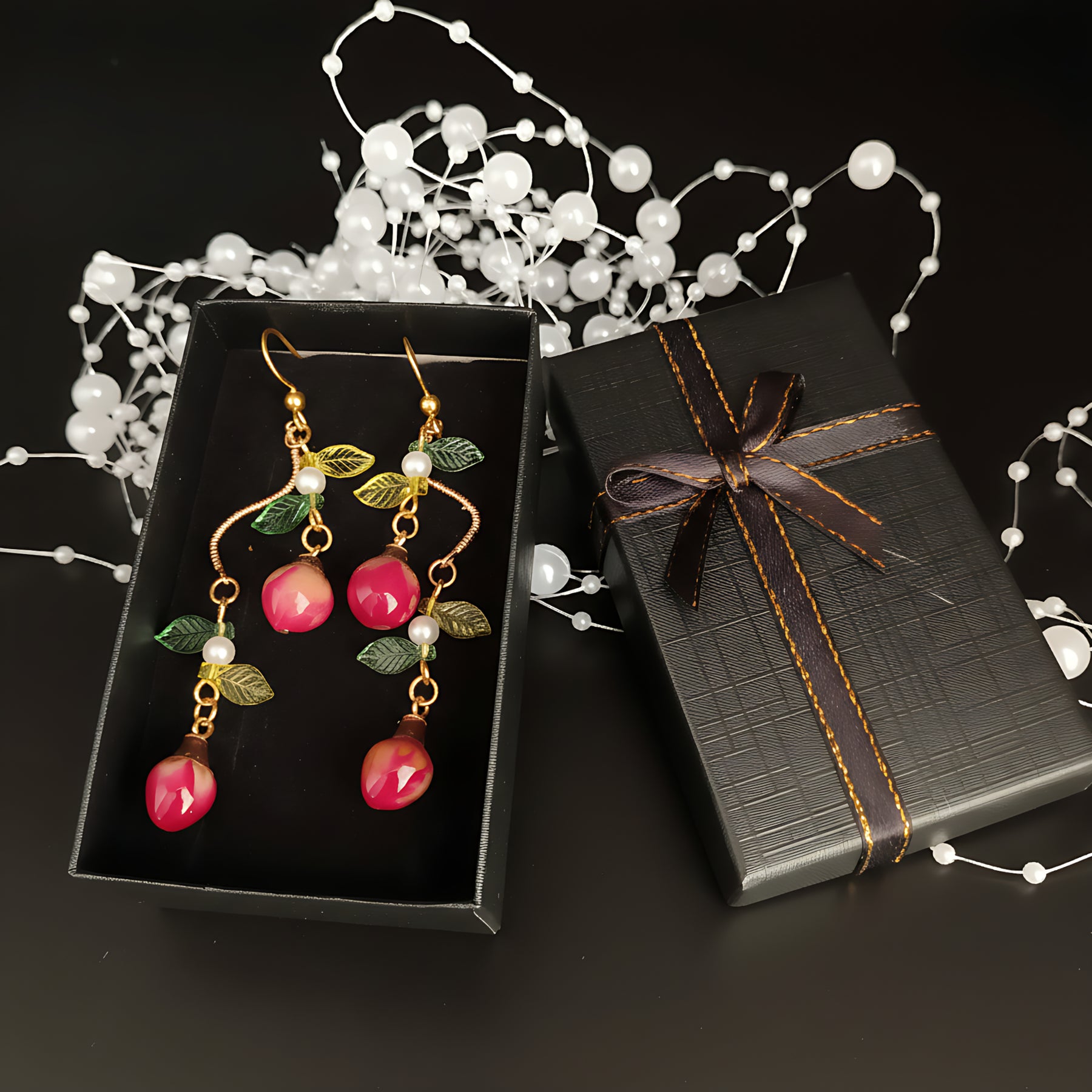 Golden Vine with Real Mini Rose Buds Earrings