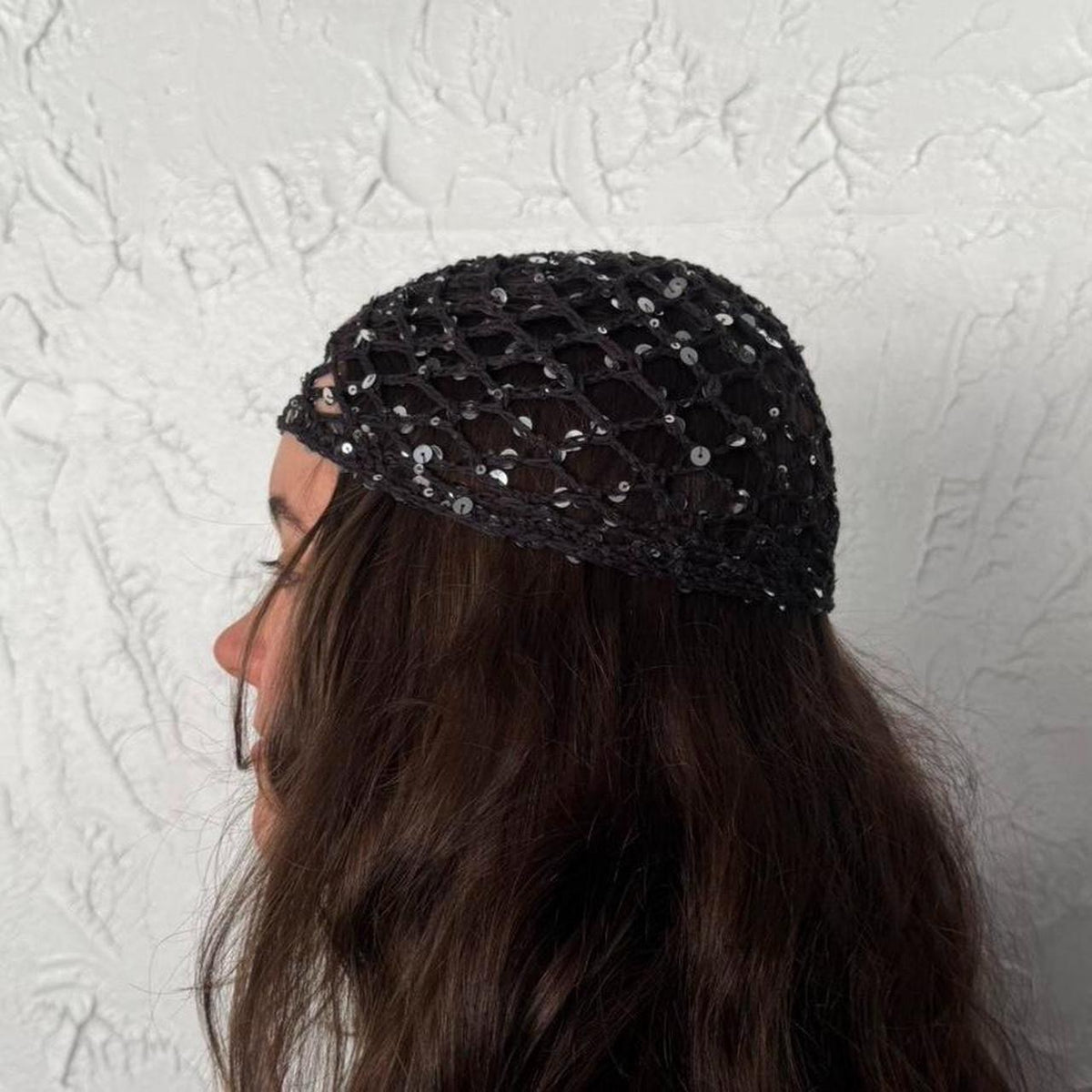 Black with Black Sequin Crochet Wave Hat