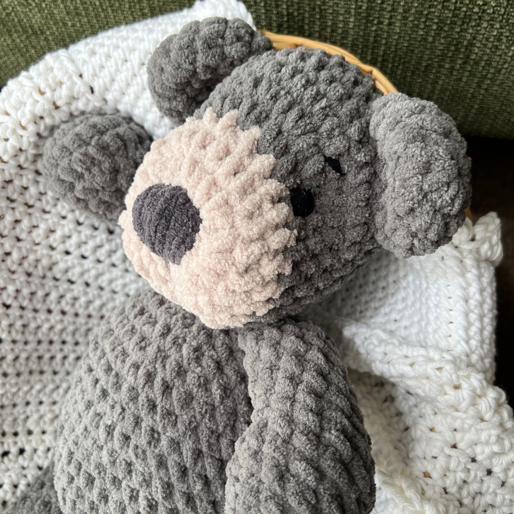 Handmade modern crochet large toy teddy plushie.