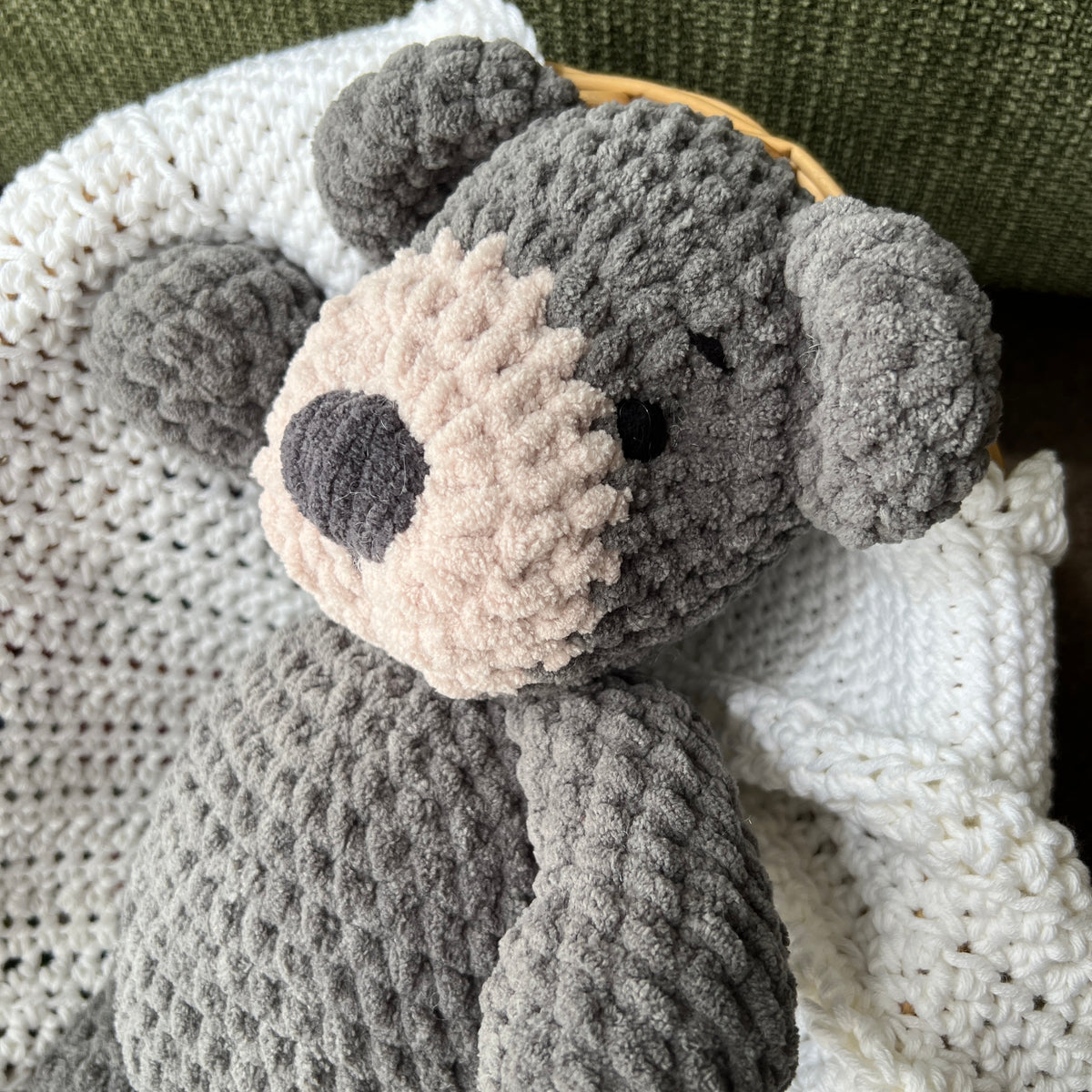 Handmade modern crochet large toy teddy plushie.
