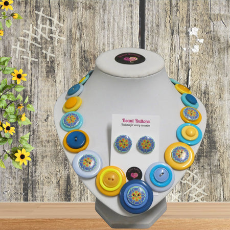 Button necklace and earrings - Blue Mandala