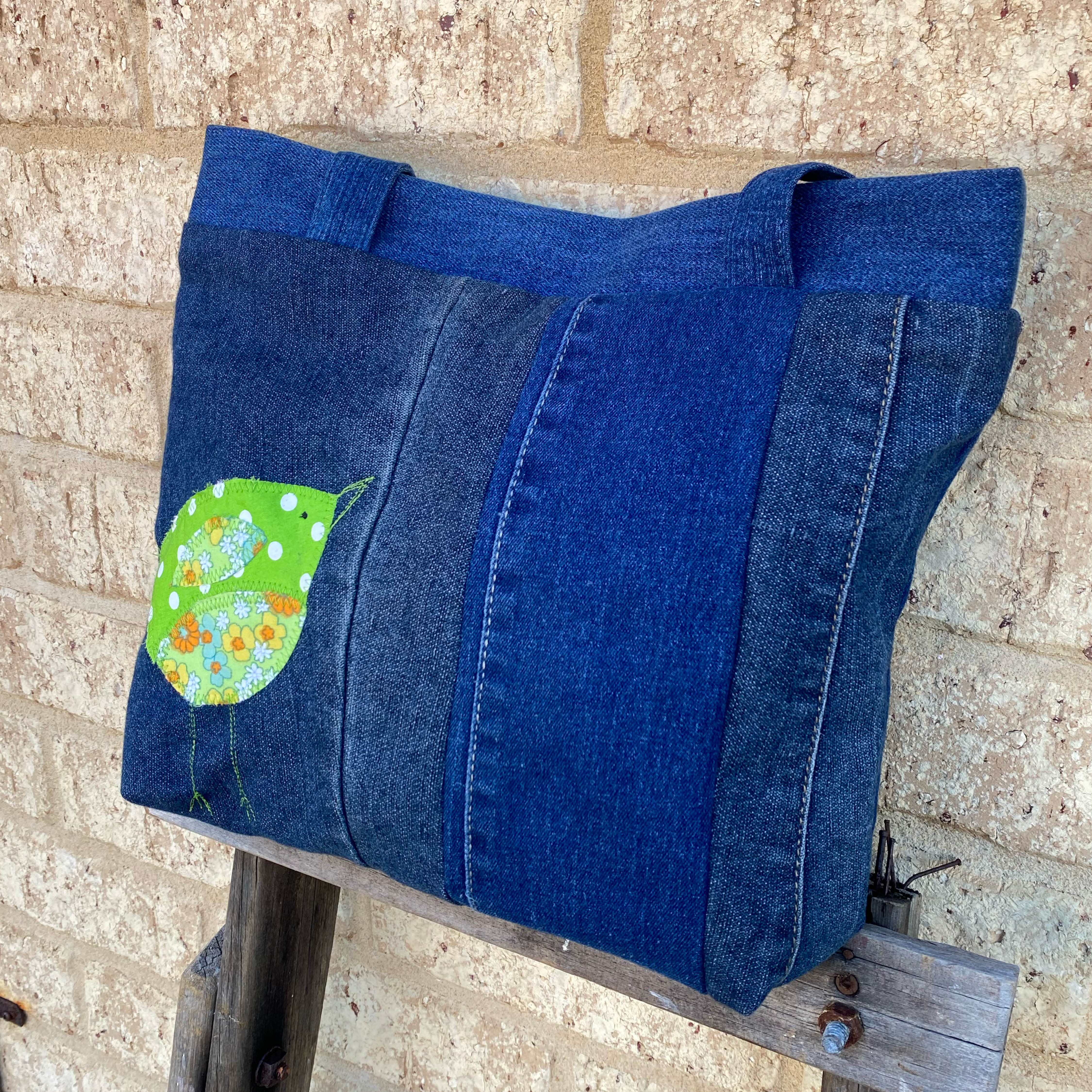 Green Wing Denim Handmade Tote Bag Upcycled Vintage Fabrics & Denim