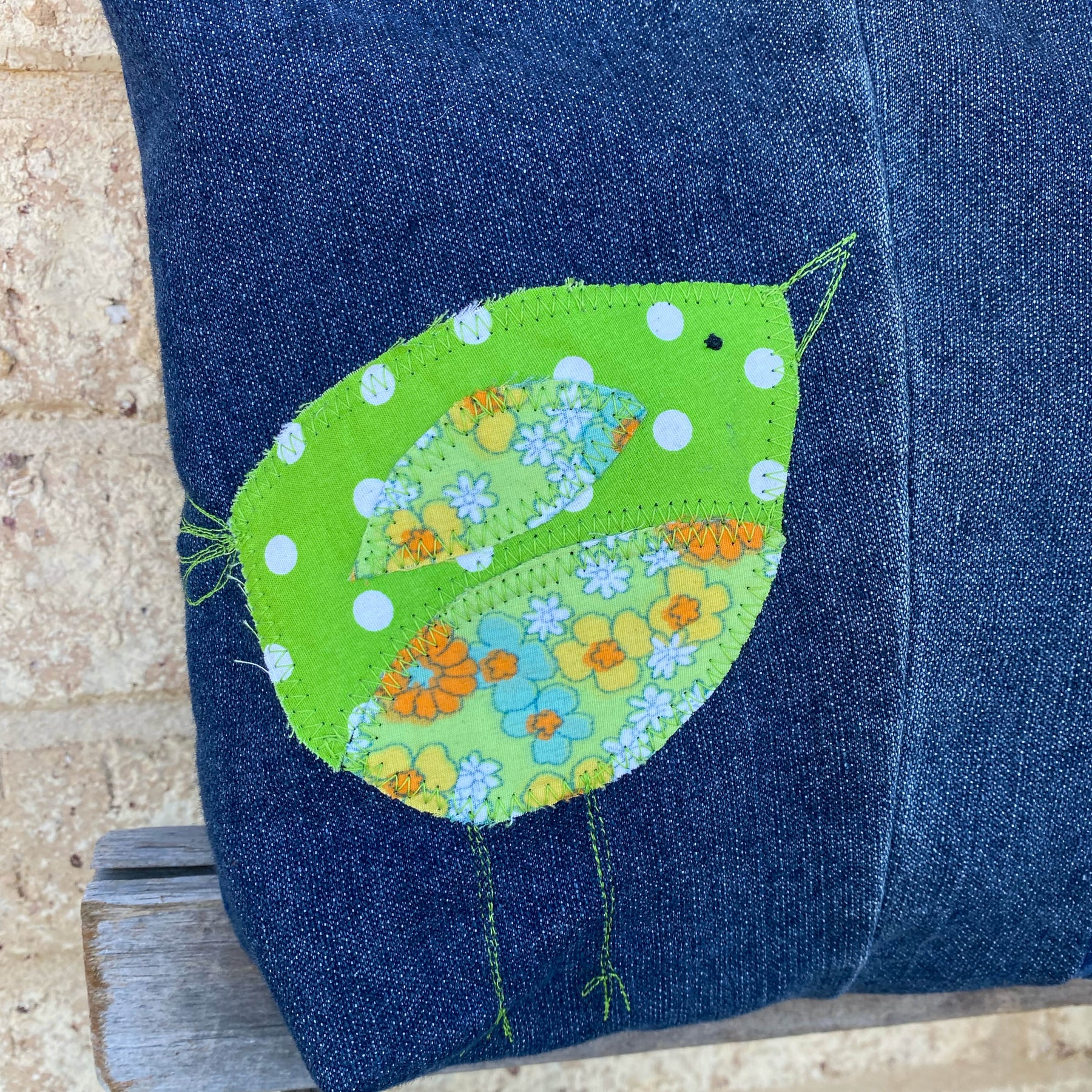 Green Wing Denim Handmade Tote Bag Upcycled Vintage Fabrics & Denim