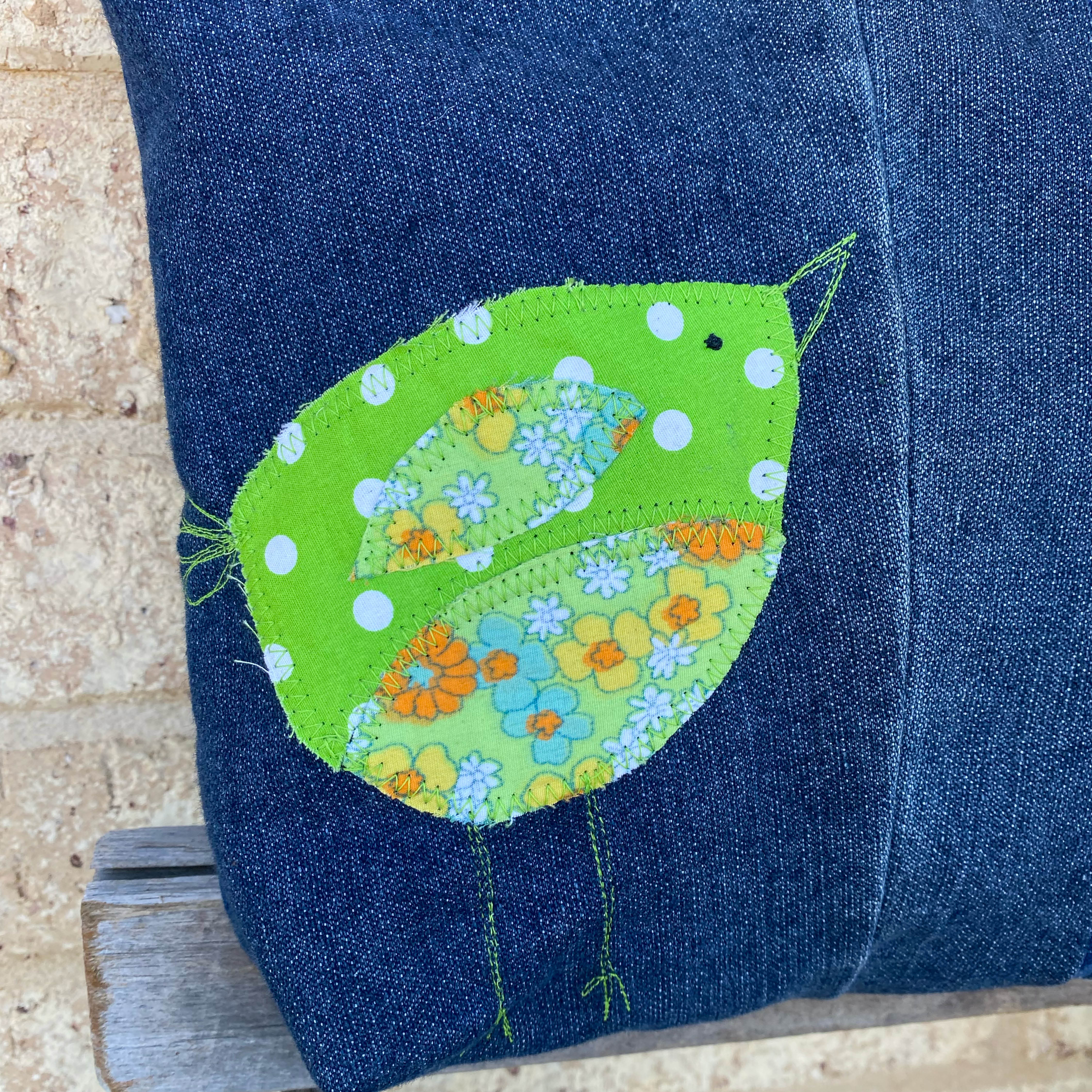 Green Wing Denim Handmade Tote Bag Upcycled Vintage Fabrics & Denim