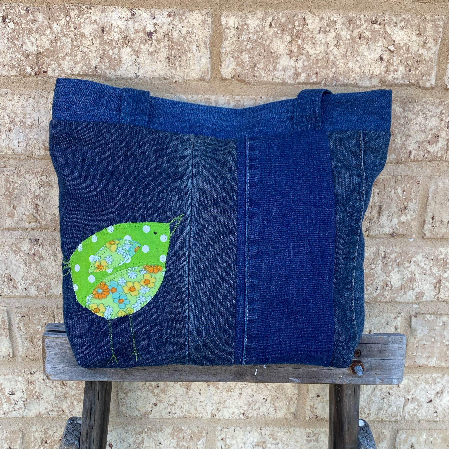 Green Wing Denim Handmade Tote Bag Upcycled Vintage Fabrics & Denim