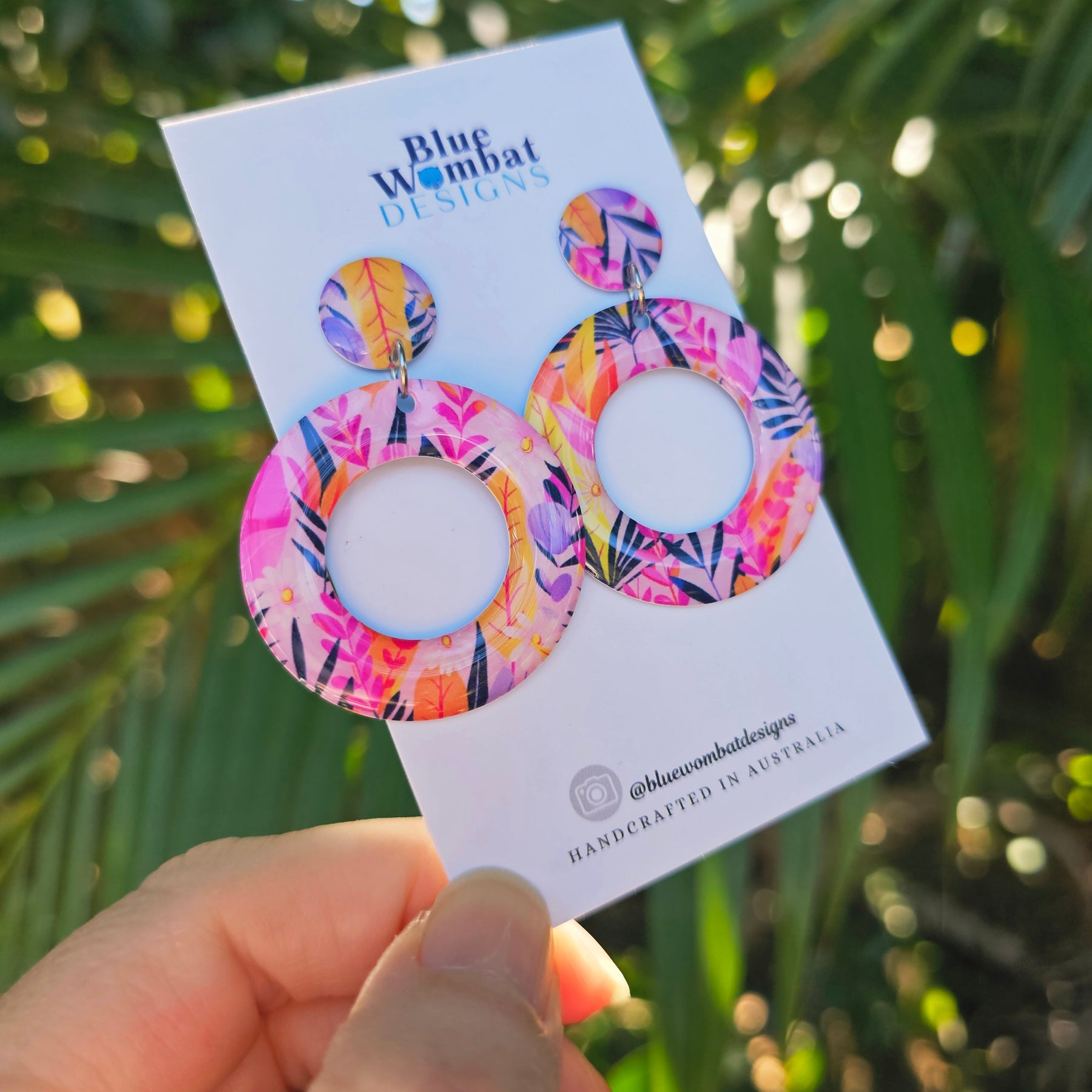 Pink Floral Yupo Paper round Resin Dangle Earrings