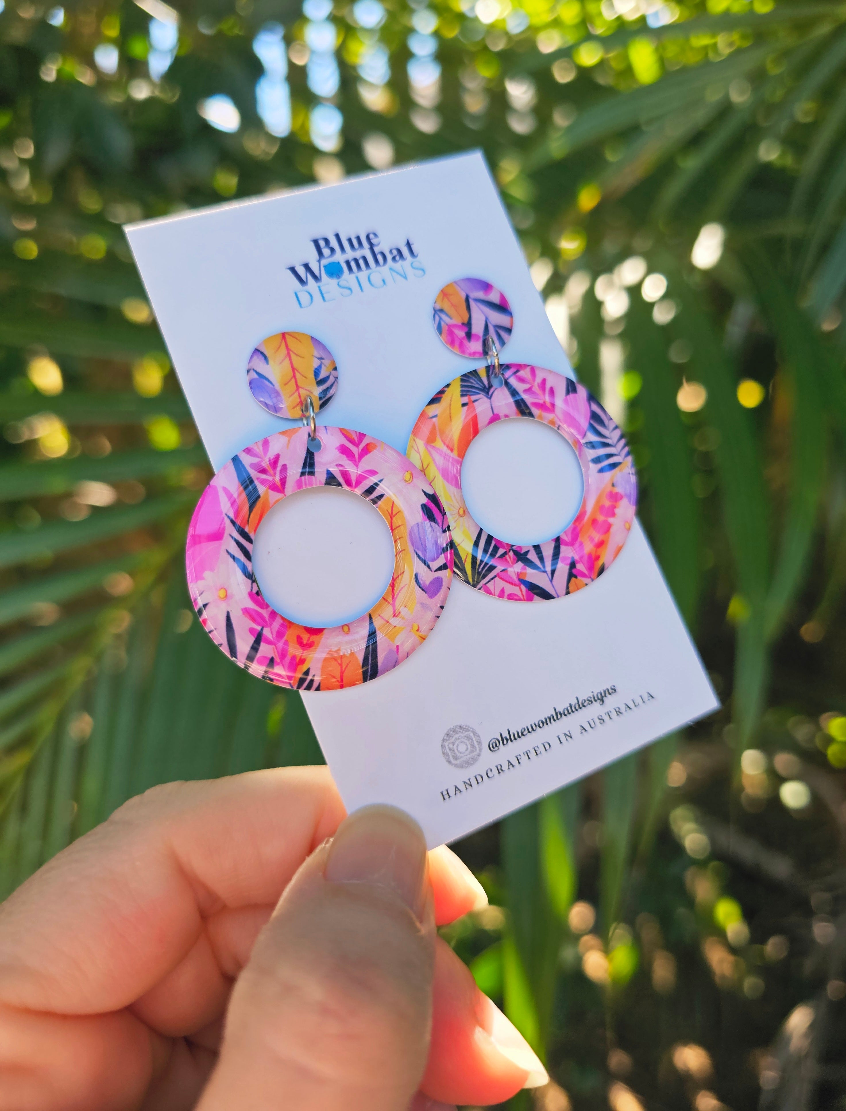 Pink Floral Yupo Paper round Resin Dangle Earrings