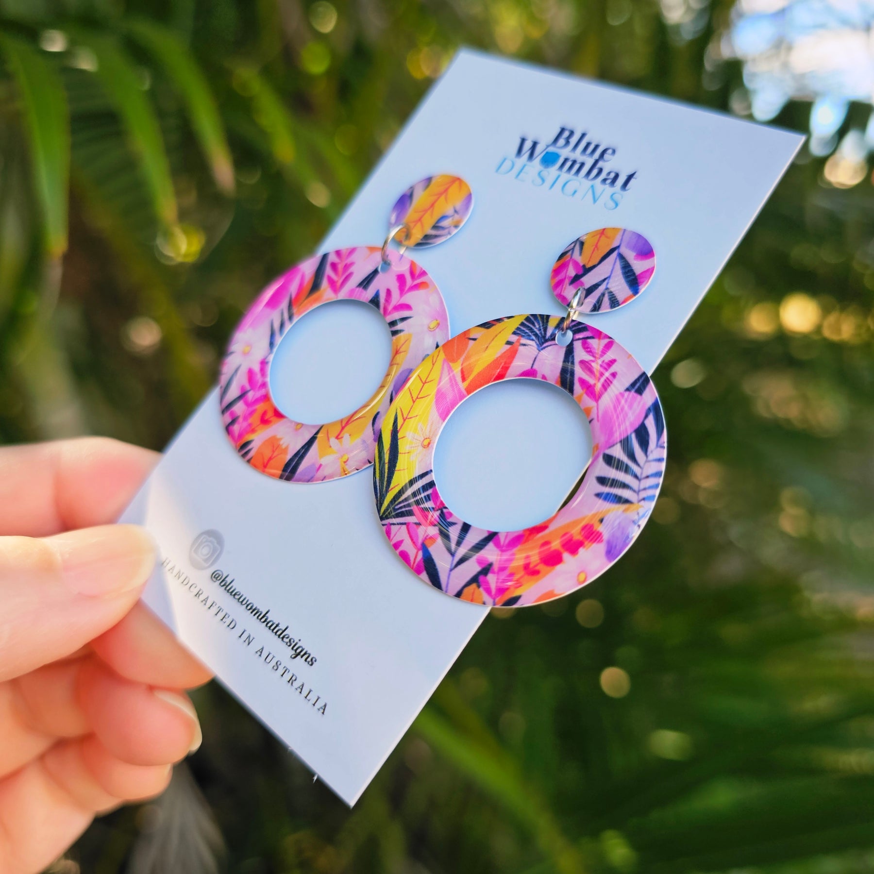 Pink Floral Yupo Paper round Resin Dangle Earrings