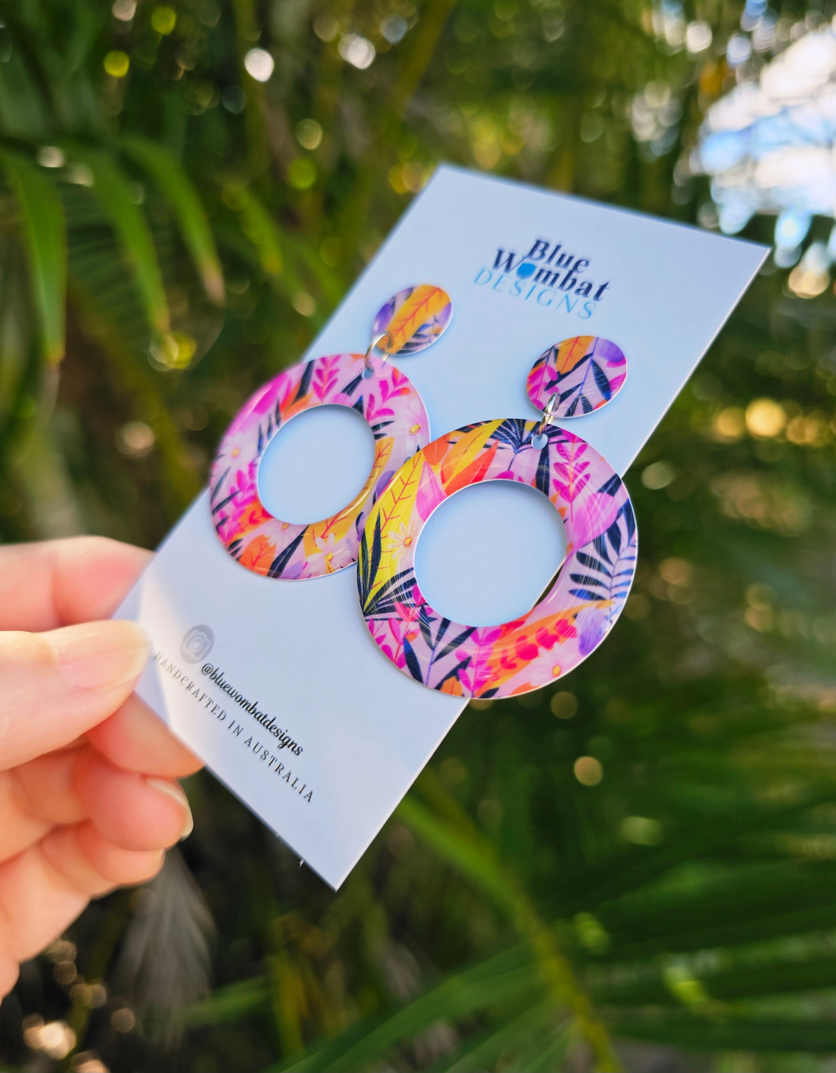 Pink Floral Yupo Paper round Resin Dangle Earrings