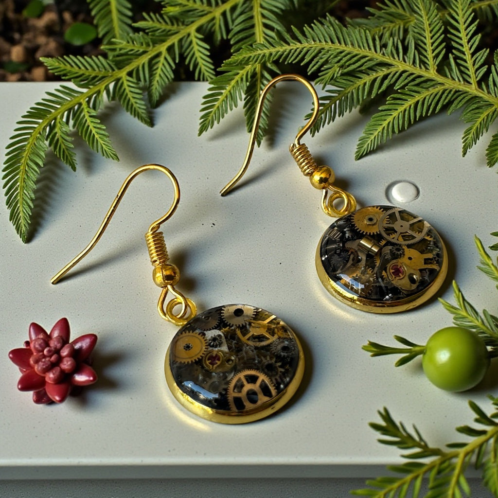 Steampunk watch parts dangle earrings (gold)
