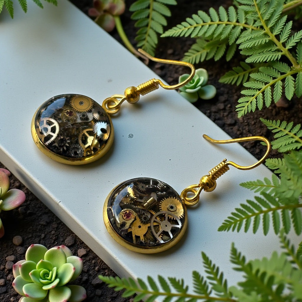 Steampunk watch parts dangle earrings (gold)