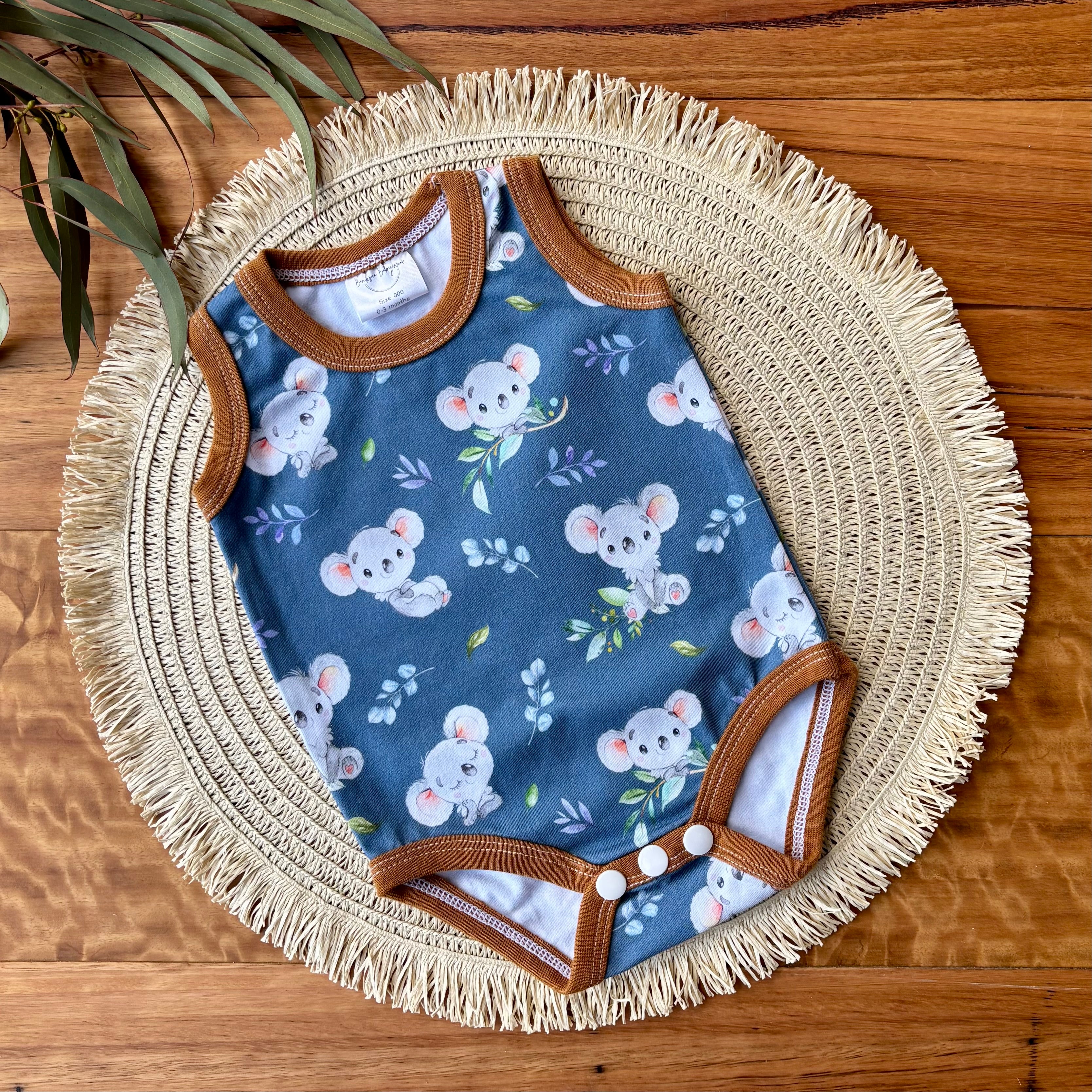 Baby Tank Bodysuit | Happy Koalas | Size premmie to 2 | Made to order