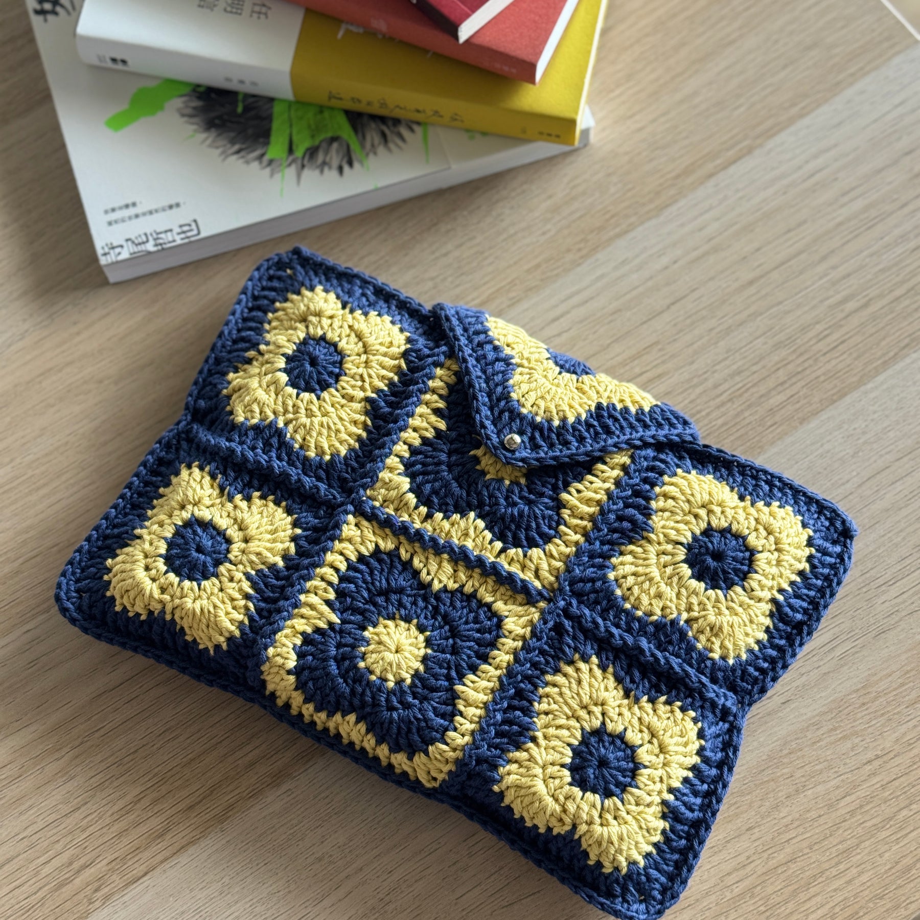Book Sleeve | Handmade Crochet Book Accessary | Flower Navy x Citrus Ver. Cotton Yarn