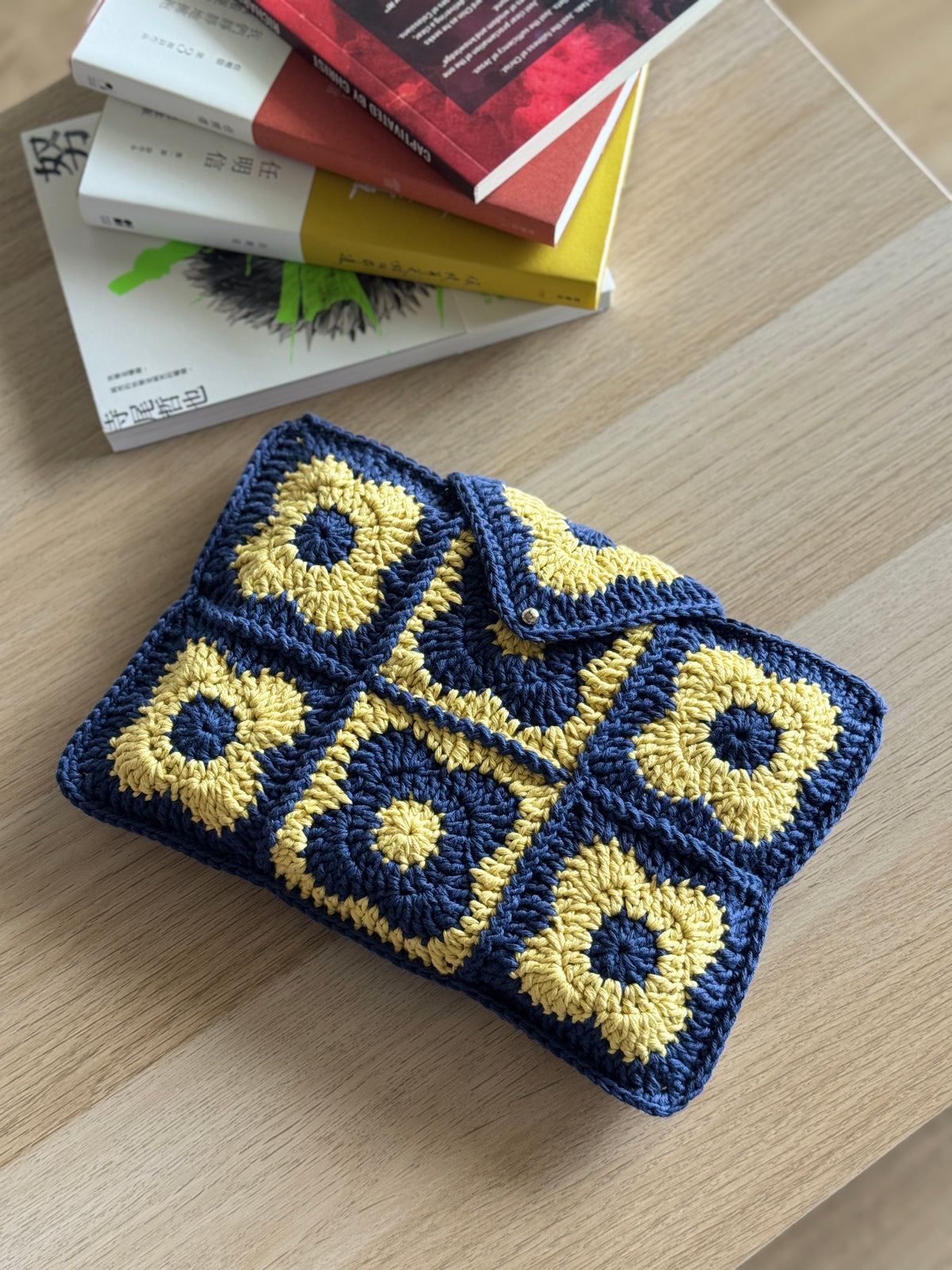 Book Sleeve | Handmade Crochet Book Accessary | Flower Navy x Citrus Ver. Cotton Yarn