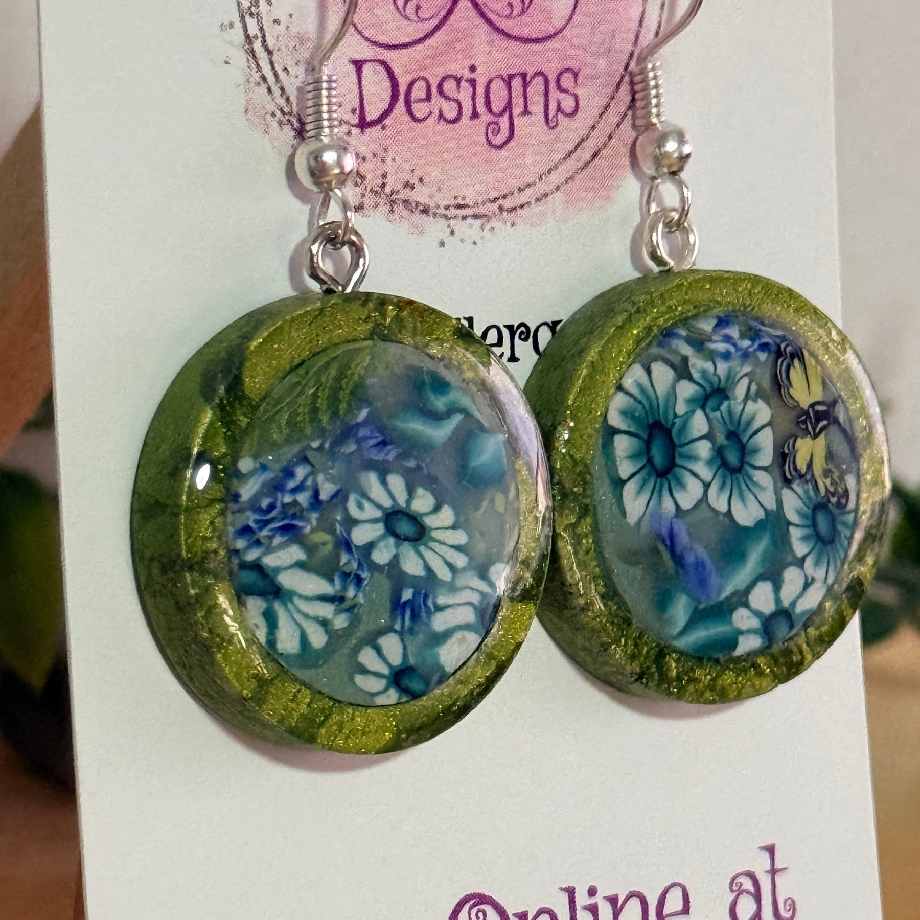 Handmade Flower Butterfly Polymer Clay Inlay Dangle Earrings.