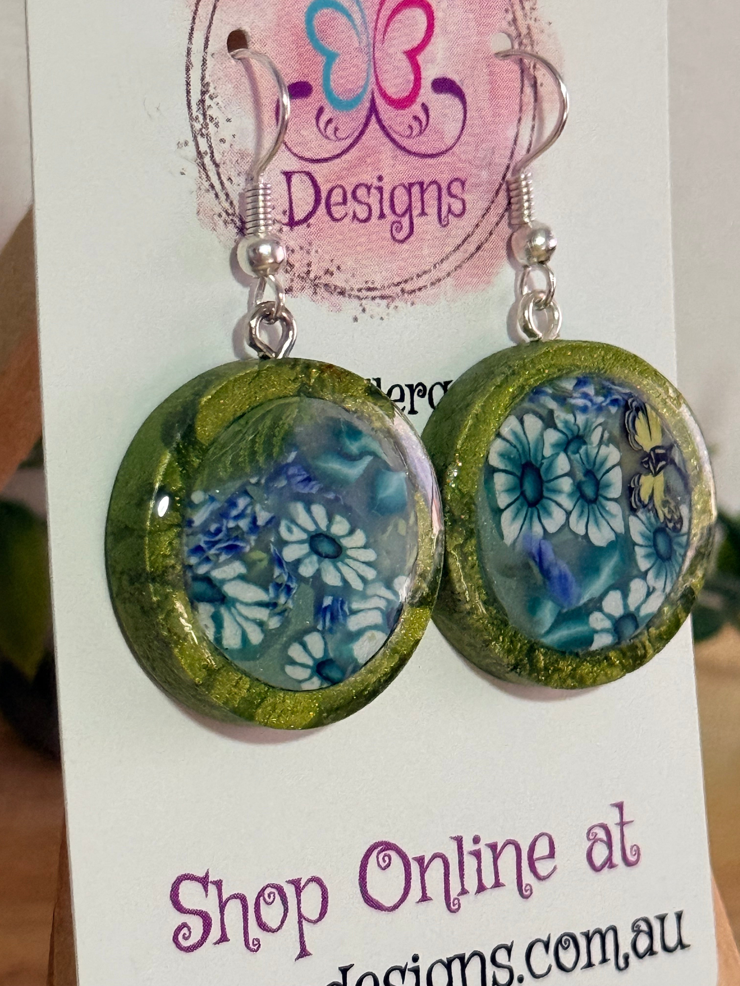 Handmade Flower Butterfly Polymer Clay Inlay Dangle Earrings.