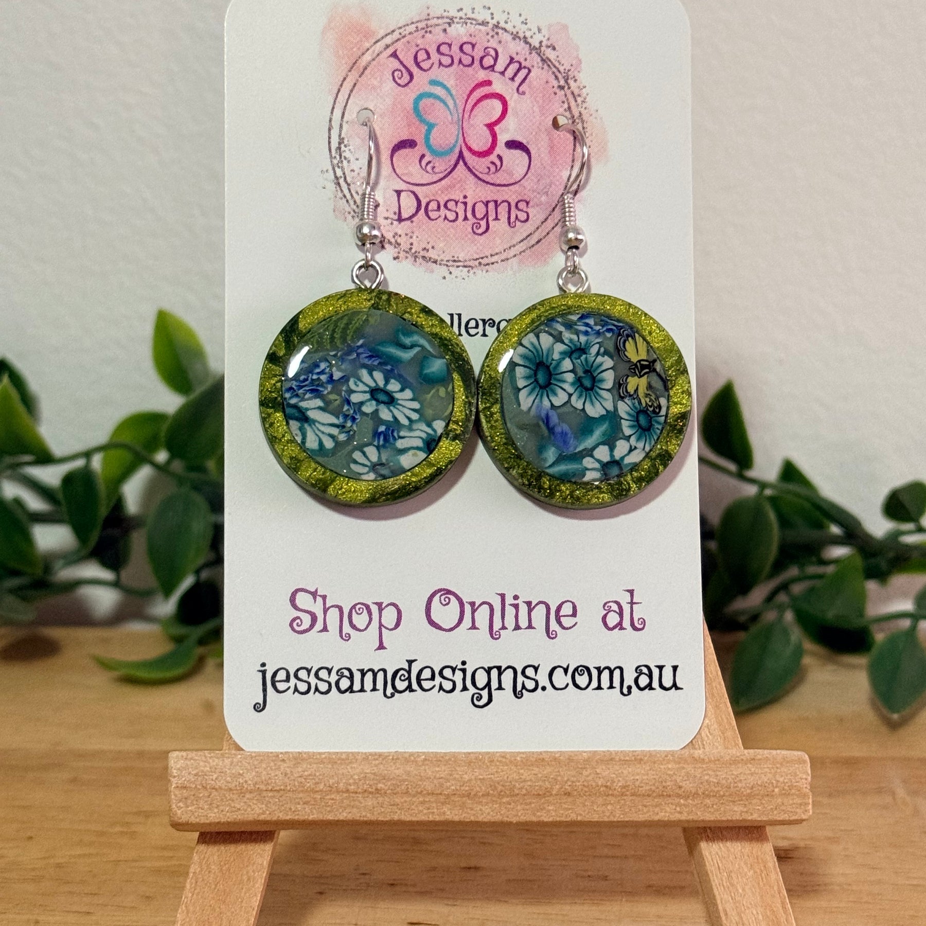Handmade Flower Butterfly Polymer Clay Inlay Dangle Earrings.