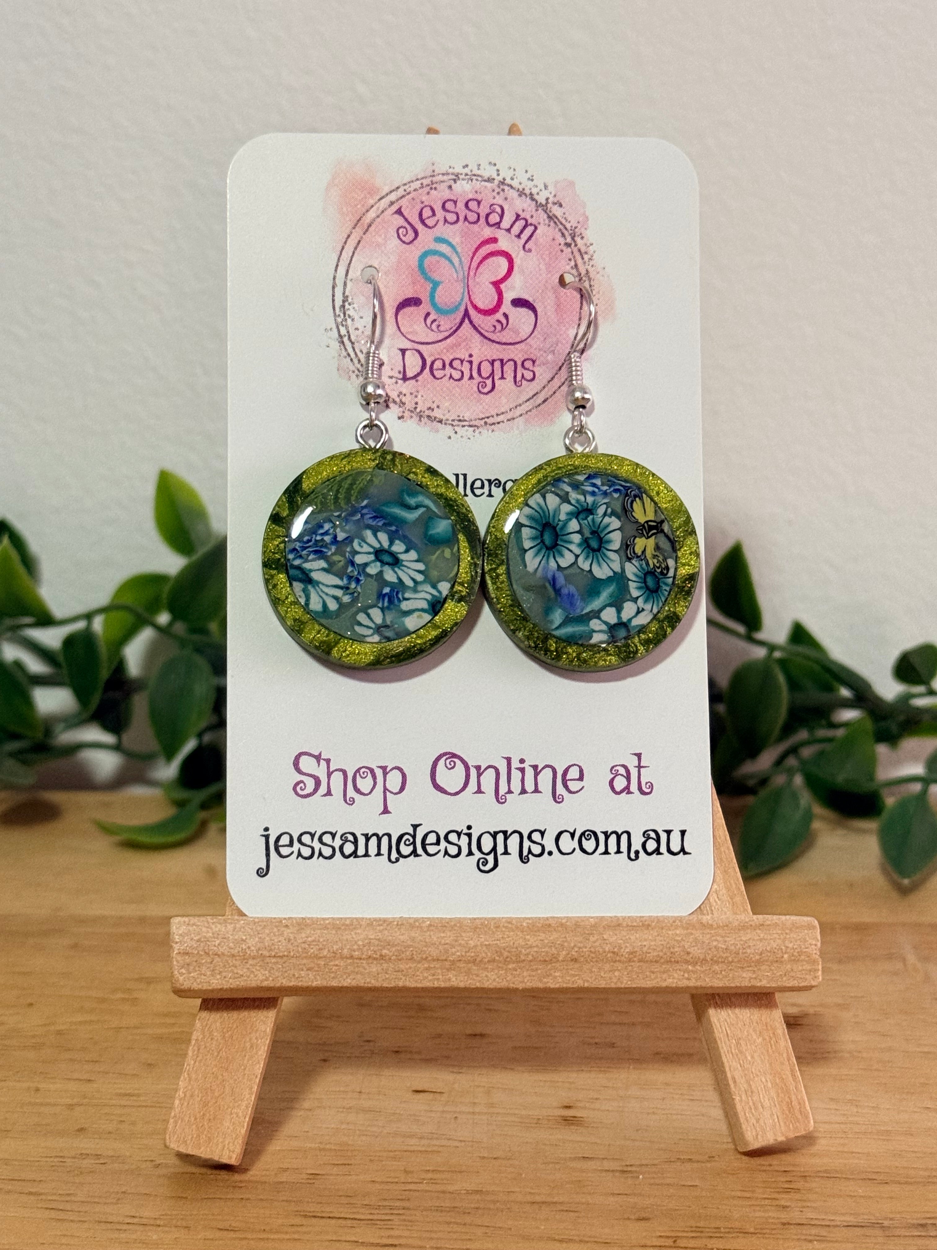 Handmade Flower Butterfly Polymer Clay Inlay Dangle Earrings.