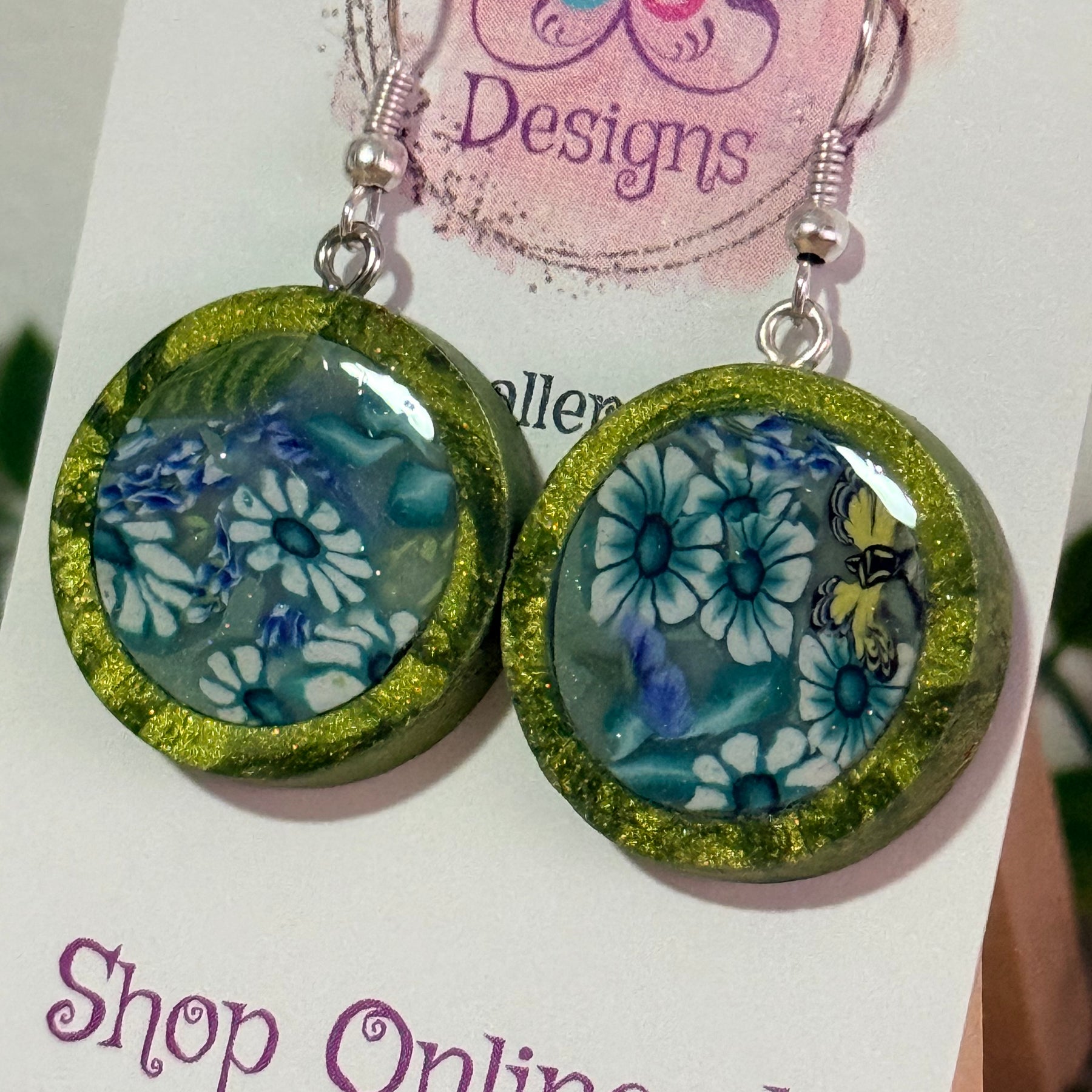 Handmade Flower Butterfly Polymer Clay Inlay Dangle Earrings.